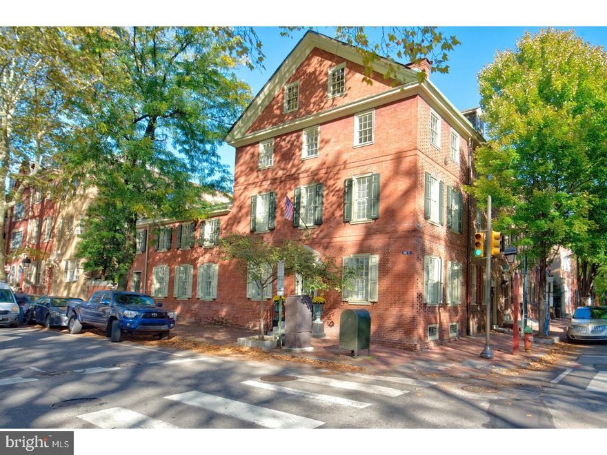 This Georgian home is one of Philadelphia's finest examples of an accurate restoration of an 18th century historic facade. Built by Master Carpenter Joseph Wetherill (1740-1820; who spearheaded the funding to build Head House Square), this corner home is bursting with southern and eastern light and offers a lovely private south-facing patio. The interior offers 3 very large bedrooms, 3.5 baths, a finished Lower Level, an elevator, a big living room, and a bright and beautiful eat-in kitchen with granite breakfast bar and countertops, stainless appliances, big south-facing windows, an open dining room, and a wall of glass overlooking the charmingly eclectic rear patio. Hardwood floors, high-ceilings, and wood-burning fireplace. In addition to the listed square footage, the home also has a large unfinished 4th floor attic that could be converted to finished space. Big rooms throughout. Excellent storage. Superb light and views of the Old Pine Historic Colonial Churchyard (views and light that are fully protected). Spectacular location in the McCall School Catchment (and just one block from St. Peter's). Tree-lined, brick-paved historic block with a 99 WalkScore! Two blocks from the Headhouse Farmers' Market, so many great restaurants, and close to all that Society Hill, Old City, Penn's Landing, Queen Village, Wash West, and all of Center City has to offer. Seller offering 1-year paid PARKING at the secure garage at 215 Lombard (with secure exit onto Stampers, just a pleasant 2 block walk).
