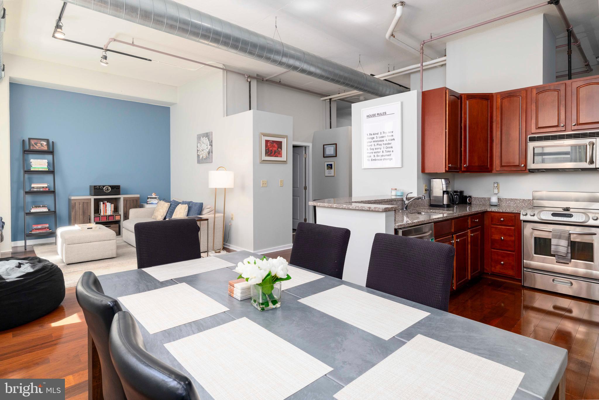 Located in the heart of historic Old City, Philadelphia, this charming two-bedroom loft style condo with 10 ft.+ ceilings, offers a wonderful urban living experience with the added benefit of gated garage parking for one car. Enjoy the convenience of city life with easy access to fantastic restaurants and cafes, shopping, vibrant nightlife, art galleries, and historical landmarks, as well as public transportation and all major highways and bridges all just steps from your door. This home features two comfortable bedrooms with great closet space, one large full bathroom with a linen closet in the hallway and a convenient laundry room with additional storage. The open layout lends well to the beautiful wall of windows that allow an outpouring of natural light to shine in the home. The kitchen is a chef's dream, featuring abundant cabinets and expansive counter space as well as a breakfast bar with seating for 2-4 people, not to mention the newer high-end stainless-steel appliances. The dining room just off the kitchen boasts enough space for a table of 6 (rarely seen in the other condo layouts in this building). There is a tot lot in the courtyard that doubles as an event space used by and sponsored by the building for parties, regular community gatherings and various Philadelphia sporting events. The National is not just a condo building, but a fully gated community that provides a quiet and peaceful oasis within a popular bustling neighborhood. The association takes meticulous care of the grounds and all the buildings, truly a pleasure to live here. Management is present in the building during business hours and is ready to help with anything you need. Don't hesitate to see this home today, you will not regret it.