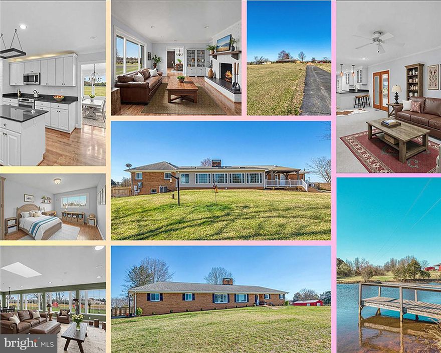 Land, Luxury, and Living Large: The Ultimate Rambler on Idyllic Acres, with no HOA! Welcome to this custom-built expansive brick rambler on 10 breathtaking acres, nestled in serene farmland — ideal for horses or anyone who loves wide-open spaces! This home has been thoughtfully updated and boasts refinished hardwood floors throughout and spacious rooms bathed in natural light. The kitchen features ample cabinetry, granite countertops, an island, stainless appliances, and is perfect for any home chef. Relax in the sun-drenched sunroom with panoramic views of your scenic property. The primary bath has been expanded to include a spa tub and separate shower, enhancing the luxury of the home. A new electrical panel has been installed to cover the over 4,000 sq. ft. of living space, including a finished basement, and all it's outbuildings. The windows were replaced in 2021 and the roof in 2020. This home offers plenty of room to spread out. Additional highlights include a 2-car attached garage, Trex deck and pergola, freshly painted interiors, new carpet, and multiple outbuildings including a large separate garage, a barn, chicken coop, goat barn, and a shared pond. With 4 bedrooms, 3 full baths, and a fenced backyard, this gem combines luxury and practicality on a private, scenic lot!