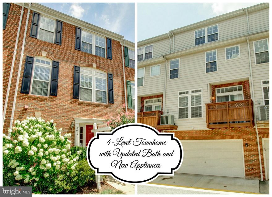 4-lvll TH w/ 2-car rear garage.  Hrdwds on main lvl. Brand new SS appliances in open and sunny kit. Masterbath remodeled to perfection w/ frameless glass shwr, designer tile (hall bath  updated too!). 4th lvl space could be 4th BR, office, rec rm.  Nicely finished w/ fresh neutral paint, updated fixtures, 2" wood blinds, newer HVAC, moulding details, ample storage, Commuter dream location!