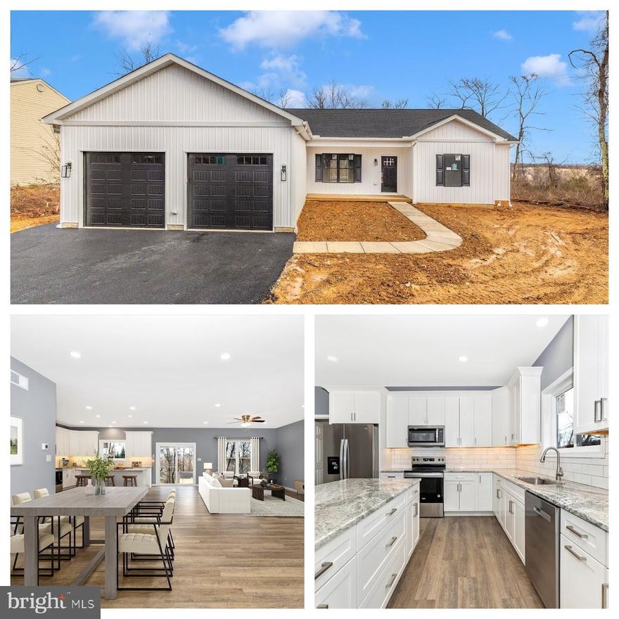 Modern comfort defines this brand new 3-bedroom, 2-bath rancher offering almost 2,000 square feet of one-level living in Carroll Valley. The home features a desirable split-bedroom layout and an open concept main floor with durable LVP flooring throughout. The kitchen includes granite countertops, stainless steel appliances, 42-inch white cabinets, and a spacious seven-foot center island. Granite counters are also featured in both full bathrooms. The private primary suite offers a large walk-in closet and an en-suite bathroom with a walk-in shower and a free standing soaking tub. The wide open basement is ready for your finishing ideas, complete with a rough-in for a full bathroom and a walkout exit, making it an excellent option for future living or entertaining space. Additional features include an oversized attached garage. Conveniently located near Liberty Mountain Resort for skiing and golf, local parks, and historic Gettysburg, this home provides easy access to year-round amenities and recreational activities.