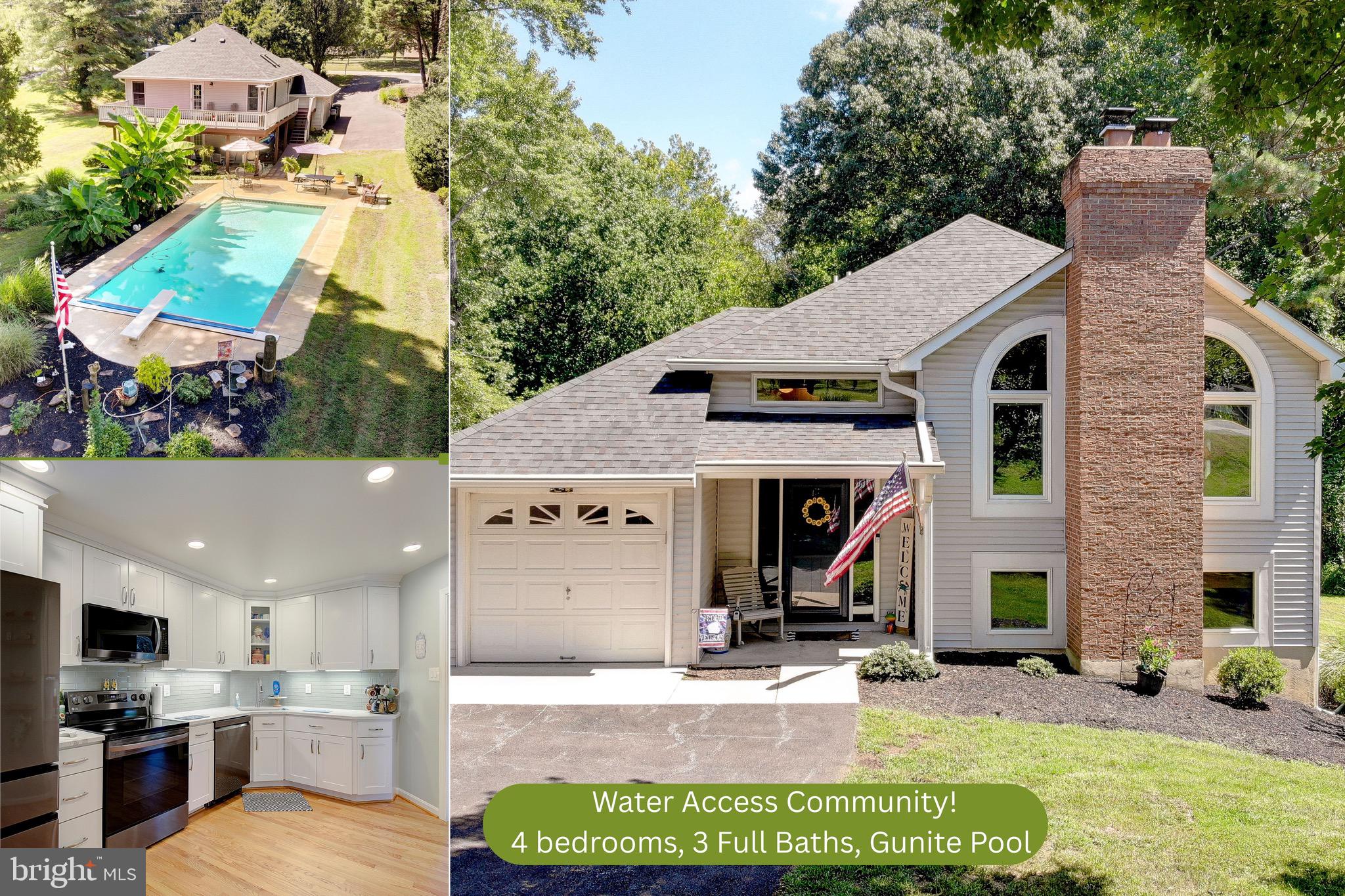 Stunning home with an in-ground Gunite pool featuring a brand-new electronic cover (2024), set on over an acre with a scenic backyard retreat! Inside, the main level offers hardwood floors refinished in 2025, a living room with cozy pellet stove (new 2021), and a beautifully updated kitchen with white shaker style cabinetry, tiled backsplash, white Quartz countertops, and sleek black stainless steel appliances (new 2024). The primary suite includes a tray ceiling, private deck access overlooking the pool, two closets (including a walk-in), and an updated bath with a custom ceramic-tiled shower. The finished lower-level family room features a striking floor-to-ceiling brick surround with a cozy wood stove, creating a warm and inviting focal point for gatherings. A fourth bedroom, third full bath with laundry room, large storage area and new French doors (2025) complete the walk-out lower level. Other recent upgrades include: 50-year architectural shingle roof (2022), gutters (2021), front door (2024), repaved driveway (2024), two sheds, and fresh paint throughout. Front door, gutters, and casement windows installed by Thompson Creek—all under lifetime warranty!
Located in the sought-after water-access community of Holland Cliff Shores (no mandatory HOA), with optional pavilion membership ($100/yr) and boat ramp access ($300/yr). Convenient commute to Joint Base Andrews & DC, in an area known for excellent schools, close to shopping & restaurants!