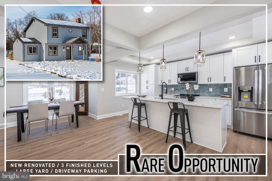 Stunning, fully renovated Colonial nestled on a sprawling .64-acre lot, offering over 2,400 sq. ft. of beautifully finished living space designed for comfort, style, and functionality. The inviting main level features wide-plank luxury vinyl flooring throughout and a light-filled living room highlighted by oversized windows that bathe the space in natural sunlight. A defined dining area provides the perfect setting for hosting gatherings and flows effortlessly into the show-stopping gourmet island kitchen, complete with sleek Quartz countertops, a designer tile backsplash, stainless steel appliances, abundant cabinetry, and generous prep space—ideal for both entertaining and everyday meals.  The main level also offers a spacious bedroom with a full bath, perfect for guests, a home office, or multigenerational living. Upstairs, the luxurious Primary bedroom suite serves as a private retreat, featuring a spa-like ensuite bath with a custom double vanity, modern finishes, and a large walk-in shower. Two additional generously sized bedrooms share a stylishly updated hall bath, providing ample space for family or guests.  The fully finished basement adds incredible versatility, offering expansive bonus space ideal for a recreation room, home gym, media room, or private office. Step outside to the rear deck overlooking the level, expansive backyard with a storage shed—an ideal setting for outdoor entertaining, play, or peaceful relaxation. A large driveway provides ample off-street parking.  Perfectly located near all that makes Bel Air living so desirable, including top-rated schools, shopping, dining, local parks, and convenient access to I-95 and Route 1, this exceptional home delivers space, style, and location—all in one move-in-ready package.