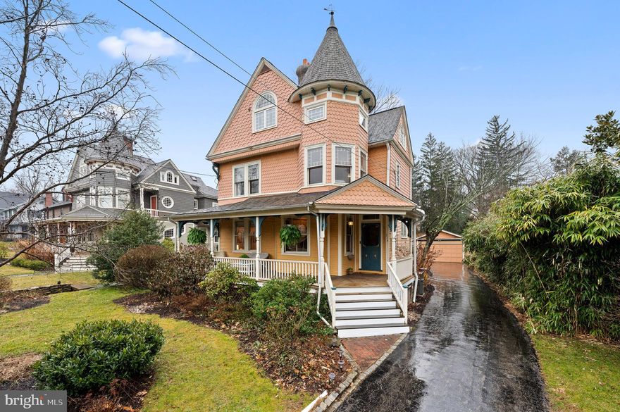 Right out of a storybook, this classic Victorian has graced the South Wayne community for the last 128 years. Quietly nestled on one of the most coveted streets in the neighborhood , this graceful home promises to capture your heart from the moment you arrive. The eloquent front porch beckons one inside where gleaming hardwood floors and exceptional millwork of a by-gone era, set the tone for this beauty. A stunning staircase anchors the First Floor and natural sunlight beams throughout the expansive windows with wavy glass, holding a piece of the properties heritage. The hardwood floors seamlessly carry you throughout the First Floor providing a lovely circular flow beginning with  Sitting and Living Rooms  that offer flexible opportunities to use as you wish. The large Dining Room calls for abundant  toasts  
and memories to be made, while entertaining will be a breeze as it leads directly into the charming  Kitchen. Butcher block countertops , glass framed cabinets, and open display shelving are just some of the features that create the warmth of the Kitchen, with access to deck for outside dining, and back stairs to Second Floor. The First Floor is completed by an Office/Mudroom that overlooks the beautiful Backyard and adorable Powder Room with stained glass window.  The impressive staircase leads you to the Second Floor, where two lovely Bedrooms and Hall Bath with claw tub can be enjoyed. In addition, there is a primary Suite with stunning turret windows and private updated Bathroom. The Second Floor is completed by a very large, bright and cherry Laundry Room that will turn doing laundry from a chore to a treat.  Two to three additional Bedrooms can be found on the Third Floor, one currently used as a lovely sun drenched Playroom and is completed by a large updated Bathroom. Don't miss your opportunity to own this architectural gem in  Radnor Township,  with 2 car detached Garage on .39 acres, and on a tree lined street  in a prized "WALK-TO-WAYNE" location!! ALL SHOWINGS BEGIN ON THURSDAY FEBRUARY 23rd at NOON!!