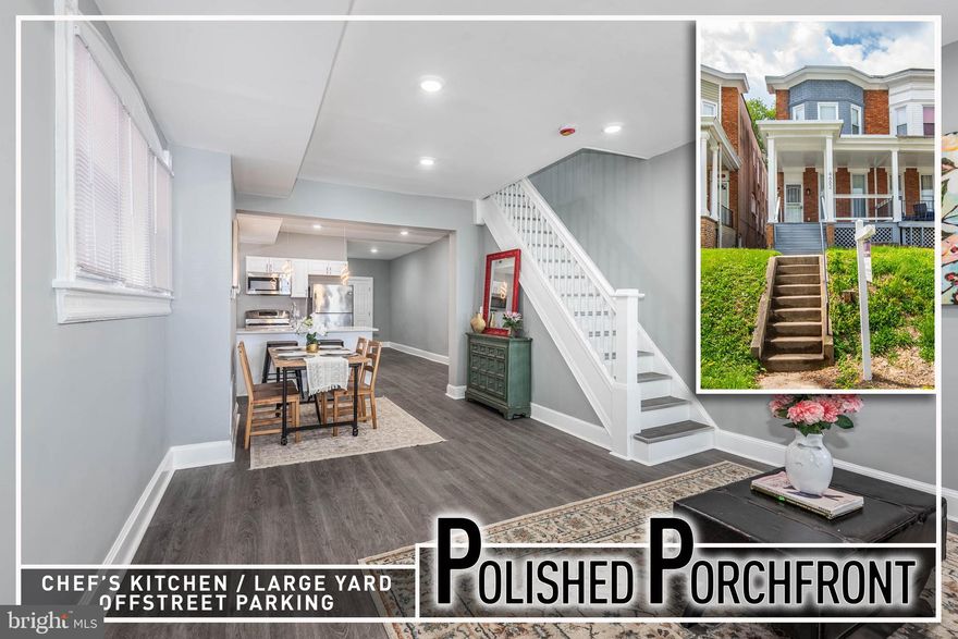 Stunning porch-front home completely reimagined with a full top-to-bottom renovation—featuring all new systems for true peace of mind! This beautifully updated residence blends classic charm with modern design and functionality, highlighted by rare 2-car off-street parking.  Step inside to an open, light-filled floor plan showcasing rich wood flooring throughout, a spacious living room perfect for gathering, and a defined dining area ideal for entertaining. The gourmet kitchen is thoughtfully designed with a breakfast bar, sleek cabinetry, and stylish finishes, creating a perfect space for both everyday living and hosting. A convenient main level half bath and a versatile office nook add flexibility for today’s lifestyle.  The upper level offers three generously sized bedrooms filled with natural light and a beautifully updated full bath. Step out onto the private rear balcony—an ideal retreat for morning coffee or unwinding at the end of the day. The full basement provides excellent storage.  With all-new electrical, plumbing, HVAC, and more, this total renovation delivers modern comfort and reliability throughout. Ideally located just minutes from Johns Hopkins, Loyola University Maryland, Morgan State University, and Notre Dame of Maryland University, with easy access to shopping, dining, and major commuter routes—this move-in ready home is the complete package!
