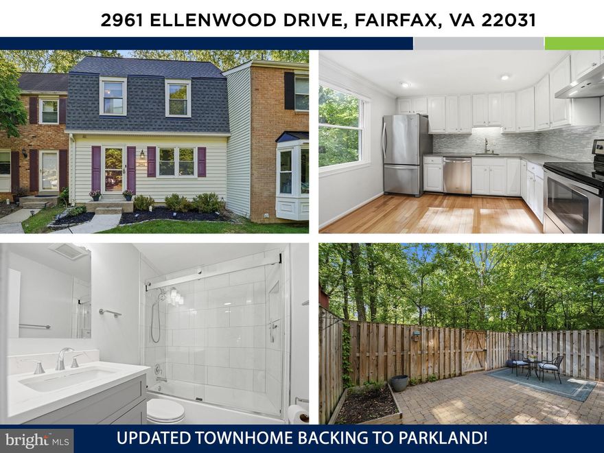 Welcome to this beautifully updated three-level townhome, where refined style meets tranquil, parkland living. Bathed in natural light and backing to serene green space, this home offers a sense of privacy that’s hard to find so close to Merrifield, Tysons, premier shopping, dining, and Metro access.
The kitchen is a standout, thoughtfully designed with crisp white cabinetry, quartz countertops, a sea glass backsplash, peninsula seating, and stainless-steel appliances. It flows effortlessly into the dining area and spacious family room, creating an inviting layout that balances a traditional feel with easy, elegant livability—perfect for both everyday moments and hosting.
Upstairs, three generously sized bedrooms provide comfort and flexibility. The primary suite serves as a peaceful retreat, complete with an expansive walk-in closet featuring custom shelving.
The fully finished walkout lower level adds exceptional versatility, filled with natural light and adaptable to your needs—whether a guest suite, home office, fitness space, or additional living area—with convenient access to a full bath. A large laundry and storage room completes this level.
Just outside, a private, fully fenced patio overlooks tranquil parkland, offering a quiet, scenic setting for al fresco dining, entertaining, or simply unwinding.
Thoughtful updates include a new roof (2024), renovated upper-level bath (2021), water heater (2018), patio (2018), kitchen renovation (2017), and hardwood flooring (2017).
Perfectly positioned just minutes to Vienna/Fairfax Metro, Merrifield Town Center, Tysons, and only 17–25 minutes to Washington, D.C., this home offers an exceptional blend of comfort, convenience, and natural beauty. 2961 Ellenwood is a property you won’t want to miss.