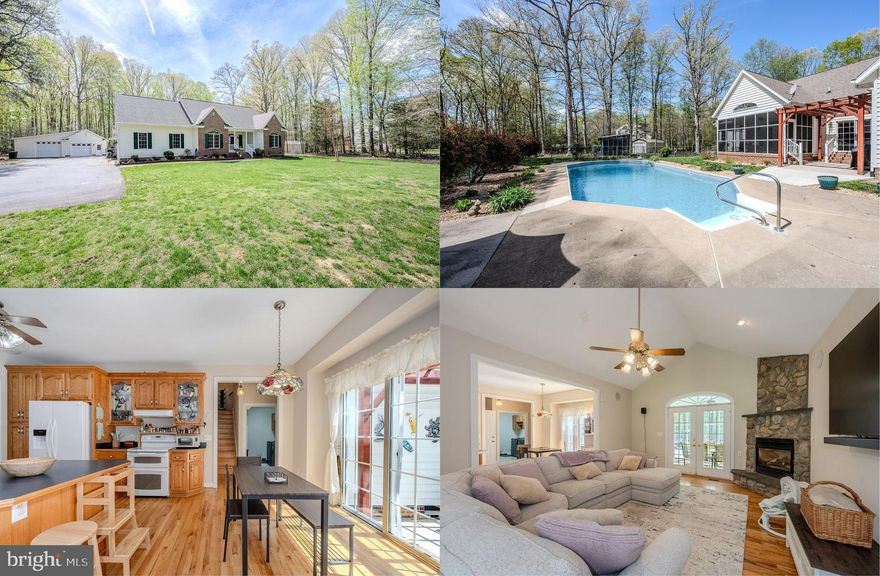 Welcome to 18224 Green Blvd in King George, VA, a spacious, thoughtfully designed home with five bedrooms and four full baths, set on 4.72 acres in a peaceful, low-traffic Potomac River waterfront community. The beauty begins outside with a tailored brick and siding exterior with front porch, a 2-car attached plus a 2-car detached garage, screened porch, a shimmering in-ground pool surrounded by extensive hardscaped patio areas, and lush landscaping and yard with an irrigation system, a firepit area, chicken coop, and shed, all surrounded by tranquil woodlands. ****** Inside, you’ll find an open floor plan, soaring ceilings, soft neutral paint and gleaming hardwood floors throughout, adding warmth and continuity. Generously sized rooms throughout provide plenty of living space, including a formal dining room, a bright open kitchen with a designated dining area that opens to a patio with Pergola, and a comfortable living room centered around a cozy floor to ceiling stone gas fireplace. Here, French doors open to the screened porch leading to the pool area, perfect for entertaining, gathering with family and friends and simple relaxation. The convenience of a main-level laundry room adds to the home’s functional layout. ****** All five bedrooms feature hardwood flooring, ceiling fans, and spacious closets. Included in the five bedrooms is the main level primary suite, offering a private retreat with its own en-suite bathroom and walk-in closet. The primary bath is designed for comfort, featuring a dual sink vanity, jetted tub, and glass enclosed walk-in shower. In addition, the two main level bedrooms share easy access to a full bath, while the upper level two bedrooms have their own private full baths, providing a flexible layout for guests or family. ****** The pool has been recently updated with a new vinyl liner and pump, offering peace of mind for the next owner. The two-car attached garage plus two-car detached garage provides ample space for vehicles, hobbies, or storage. One of the detached garage spaces is equipped with its own wall unit for heating and air, making it ideal for a workshop, gym, or year-round use. The property also includes a whole-house generator, irrigation system, chicken coop, and shed. ****** Residents enjoy community access to the Potomac River, ideal for launching kayaks or enjoying a picnic by the water. The neighborhood offers a quiet setting perfect for daily walks and bike rides. A wonderful combination of space, comfort, and lifestyle, this is a place you’ll truly love to call home!