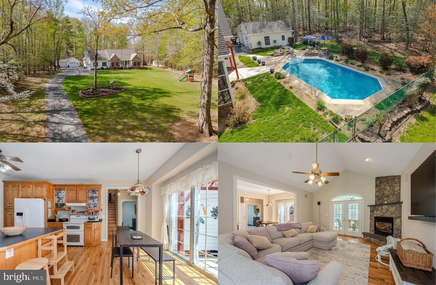 Welcome to 18224 Green Blvd in King George, VA, a spacious, thoughtfully designed home with five bedrooms and four full baths, set on 4.72 acres in a peaceful, low-traffic Potomac River waterfront community. The beauty begins outside with a tailored brick and siding exterior with front porch, a 2-car attached plus a 2-car detached garage, screened porch, a shimmering in-ground pool surrounded by extensive hardscaped patio areas, and lush landscaping and yard with an irrigation system, a firepit area, chicken coop, and shed, all surrounded by tranquil woodlands. ****** Inside, you’ll find an open floor plan, soaring ceilings, soft neutral paint and gleaming hardwood floors throughout, adding warmth and continuity. Generously sized rooms throughout provide plenty of living space, including a formal dining room, a bright open kitchen with a designated dining area that opens to a patio with Pergola, and a comfortable living room centered around a cozy floor to ceiling stone gas fireplace. Here, French doors open to the screened porch leading to the pool area, perfect for entertaining, gathering with family and friends and simple relaxation. The convenience of a main-level laundry room adds to the home’s functional layout. ****** All five bedrooms feature hardwood flooring, ceiling fans, and spacious closets. Included in the five bedrooms is the main level primary suite, offering a private retreat with its own en-suite bathroom and walk-in closet. The primary bath is designed for comfort, featuring a dual sink vanity, jetted tub, and glass enclosed walk-in shower. In addition, the two main level bedrooms share easy access to a full bath, while the upper level two bedrooms have their own private full baths, providing a flexible layout for guests or family. ****** The pool has been recently updated with a new vinyl liner and pump, offering peace of mind for the next owner. The two-car attached garage plus two-car detached garage provides ample space for vehicles, hobbies, or storage. One of the detached garage spaces is equipped with its own wall unit for heating and air, making it ideal for a workshop, gym, or year-round use. The property also includes a whole-house generator, irrigation system, chicken coop, and shed. ****** Residents enjoy community access to the Potomac River, ideal for launching kayaks or enjoying a picnic by the water. The neighborhood offers a quiet setting perfect for daily walks and bike rides. A wonderful combination of space, comfort, and lifestyle, this is a place you’ll truly love to call home!