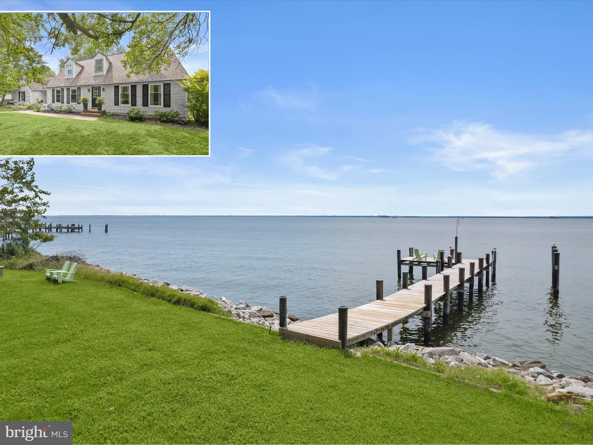 Nestled along the shores of the Chesapeake Bay, this charming Cape Cod offers the ultimate waterfront lifestyle with its own private pier and dock, set against panoramic bay views and a rip-rapped shoreline with approximately 5 feet of mean low water. With direct access to the Bay, you can fish, boat, paddleboard, or simply relax and take in breathtaking sunsets and the abundant wildlife that surrounds you, all from your own backyard.
Set on a generous 0.70-acre lot, the home welcomes with timeless curb appeal and offers two convenient entrances: a formal main entry and a secondary entrance through the kitchen. A spacious deck stretches across the back of the home, perfectly positioned for outdoor dining or relaxing while overlooking the water, and a fenced portion of the backyard adds function and versatility for pets or play.
Inside, the open-concept main living spaces are designed to maximize both flow and views. The living room is wrapped in glass windows and doors on three sides, drawing in natural light and framing stunning waterfront vistas, while hardwood flooring adds warmth and elegance. The dining area sits just off the kitchen and easily accommodates gatherings, whether casual or formal. The kitchen itself is equipped with sleek new stainless steel appliances (2024) and features a wide cut-out opening to the living room, keeping the water view in sight and enhancing connectivity. A laundry room just off the kitchen adds everyday convenience.
Also on the main level is the primary bedroom, perfectly positioned to take in serene water views through a large picture window. A second spacious bedroom, a stylishly updated full bath with a double vanity, and a cozy study complete the main floor. Originally a garage, the space has been thoughtfully converted into an in-law or guest suite featuring its own living area, kitchenette with cabinets and refrigerator, full bath with shower, and private entrance. This flexible space is ideal for multi-generational living or long-term guests.
Upstairs, two additional bedrooms each offer water views and share a full bath. One of the bedrooms enjoys access to a walk-in storage room, providing plenty of tucked-away space for seasonal items or household extras.
The home has been well cared for and extensively updated. Improvements include a new septic system and field (2020), all new vinyl windows, crawlspace encapsulation, and five efficient mini split units that allow for room-by-room comfort. Additional updates include a new well pump, a new well storage bladder with added capacity, a new water heater (2023), and re-planked pier decking completed in 2024. The pier is also wired for power, making it easy to add lighting or support boating equipment.
Whether you're watching the sunset with coffee or a glass of wine in hand, entertaining friends with the Bay as your backdrop, or heading out for a day on the water, this beautifully situated property is your gateway to relaxed, year-round waterfront living. And while it enjoys an enviable waterfront location, the home is not located in a flood zone and therefore does not require flood insurance offering added peace of mind along with unmatched views.