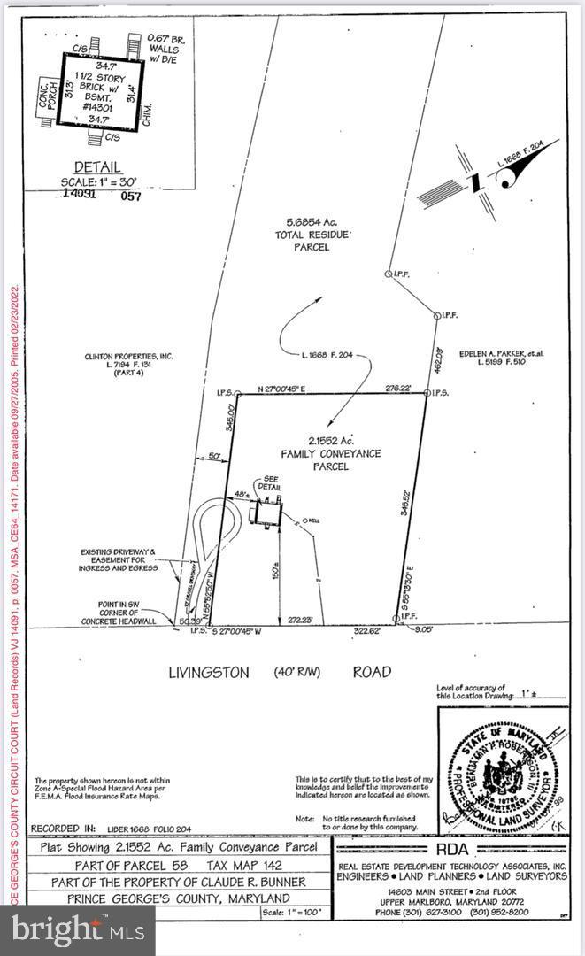 LOCATION! LOCATION! LOCATION! 5.68 Acres of FLAT LAND backing to the prestigious St. James
Community. The land is being SOLD AS IS. Interested buyers, do your own due diligence. ALL tests, surveys,
etc. must be paid for by the interested buyer. ***NEW Perc test completed and approved in May 2022. ***
Walking distance to the highly sought after Accokeek Academy (grades K-8). Located 3 minutes from
Highway 210, Less than 15 minutes from 495/295 and Less than 20 minutes from the National Harbor with a
casino, shopping and entertainment. The PLAT and Perc Test that are attached (which were conducted at the
time of the seller's origional purchase of this lot) is for informational purposes only. Lot 2 & 3 (as shown on
the perc tests) are being sold as one lot. ***Use 14301 Livingston Rd, Clinton, MD 20735 in your GPS. The
homeowners of that property have an easement for ingress and egress over the existing driveway that is
owned by the sellers of the lot that is listed for sale (see PLAT for details) .***Drive to the end of the
graveled driveway and you will be facing the lot. Call listing agent with any questions.