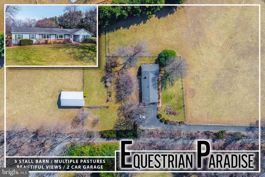 Welcome to your equestrian paradise! Nestled on 5 acres of picturesque land, this charming rancher offers everything you need for both comfort and functionality. With 3 pastures and a 5-stall horse barn, it's a dream come true for horse lovers. The home boasts 2,100 sq. ft. of living space, featuring beautiful hardwood flooring throughout. The spacious eat-in country kitchen provides ample cabinet space, perfect for preparing meals to enjoy with family or guests. Relax in the inviting family room with a cozy wood-burning fireplace, perfect for chilly evenings.  This home includes 3 bedrooms and 2 full baths, including a spacious Primary bedroom suite with 2 closets and an en-suite bath for ultimate privacy and convenience. The main level also offers a laundry room and additional storage space, enhancing everyday living. The full unfinished basement provides endless possibilities for expansion, while the 2-car garage adds practicality to the layout.  Outside, the fully detached barn with 5 horse stalls is a standout feature, and it leads to 3 separate pastures, each offering sweeping views of the rolling countryside. This property offers an ideal blend of rural serenity and modern comfort, perfect for those looking to embrace a peaceful, equestrian lifestyle.  Sold As-Is