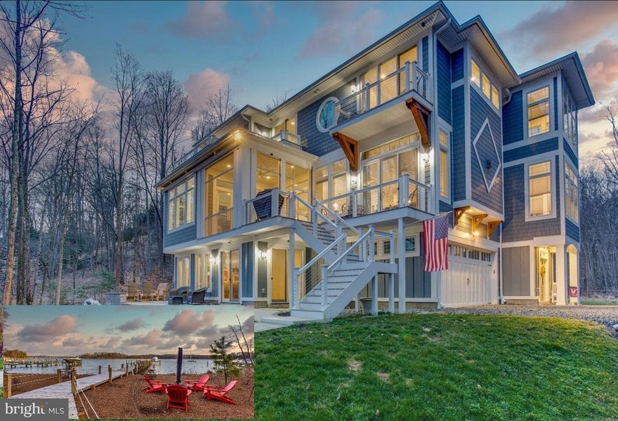 Catherine Purple Cherry Custom Coastal Retreat on Little Round Bay! This stunning 5 bedroom, 5 full bath home set on 2.72 acres is truly one of a kind! Private 170' pier with 3 slips, electric lift and 10' mean low water depth! Elevator access to all 3 levels! Primary suite with large private balcony with water views, luxury spa bath and walk-in closet.  Each of the 5 bedrooms features a full bath! The gourmet kitchen boasts Kitchen Aide appliances, large granite center island and  eat in area with wet bar, 2 beverages refrigerators and an ice machine.  Family room with gas fireplace and built-ins.   Au pair suite with private deck with waterview , full bath and sitting room. 11' ceilings on the main level with full built-in bar area, rooms perfect for tv viewing, walls of windows, bedroom and full bath.  Enjoy evenings around the fire pit on the paver patio. Multiple decks with water views.  A screened porch off of the main living level opens to a deck perfect for grilling. Low maintenance landscape embraces the natural surroundings. After coming in from a day on the water enjoy hanging out by the waters edge with a seating area and sandy beach. Stroll down the lighted boardwalk. Full house generator. So many amazing features ... this is a must see!