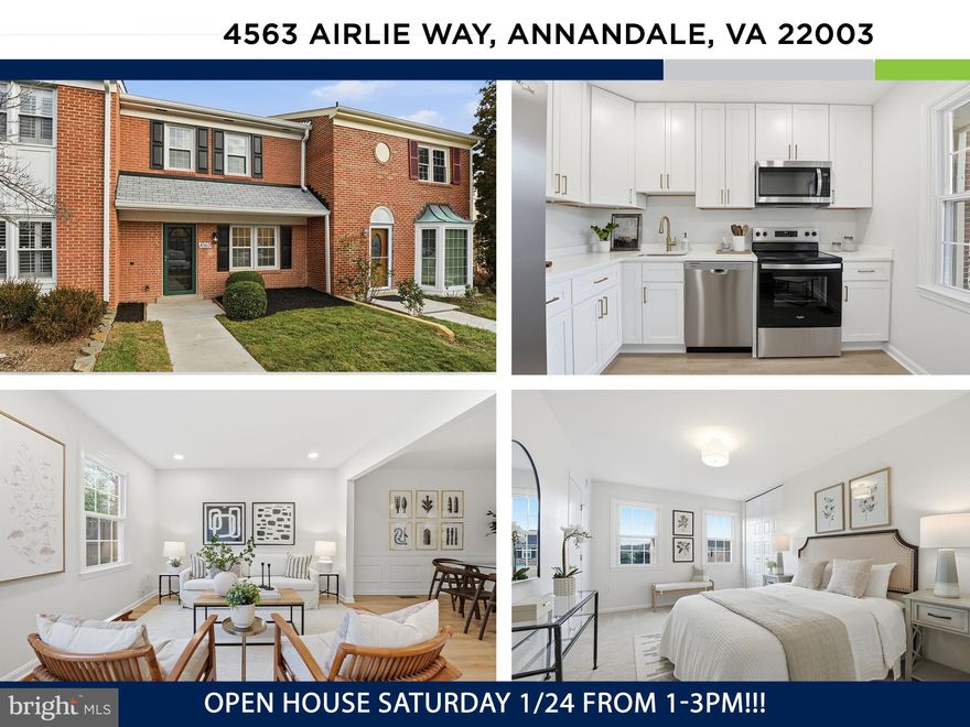 OPEN HOUSE, SATURDAY 1/24 FROM 1PM-3PM!!! Welcome to this stunning three-level townhome, where over $100,000 in recent renovations have transformed every inch into something truly special. Step inside and immediately feel the difference—sun-filled rooms, light wide-plank flooring, fresh designer paint, warm brass accents, recessed lighting, and stylish new fixtures come together to create a bright, modern, and inviting home.

The show-stopping gourmet kitchen is both elegant and functional, featuring brand-new stainless steel appliances, striking Calacatta quartz countertops with gold veining, crisp white shaker cabinetry, and chic hardware with a polished gold finish. The main level is ideal for entertaining, with a spacious dining room that flows seamlessly into the inviting family room. Step right outside to your fully fenced, private backyard oasis with freshly laid sod, perfect for relaxing, hosting guests, or playing with furry friends.
Upstairs, you’ll find three generously sized bedrooms and two beautifully renovated bathrooms. The bright and airy primary suite offers plush carpeting and a glamorous, spa-inspired bath complete with a double vanity, new soaking tub, and sophisticated tilework. A second full bath down the hall is equally impressive, featuring sleek fixtures and a glass-enclosed shower.
The fully finished lower level adds incredible versatility, boasting a large living area with a wood-burning fireplace, recessed lighting, a full bathroom, and an additional bonus room—ideal for a guest space, home office, gym, or hobby room.
This vibrant community offers resort-style amenities including a swimming pool and direct access to nearby parks, including the popular Mason District Park and leash free dog park. Each home includes an assigned parking space + guest space and enjoys unbeatable convenience with a walking path to Starbucks, Lidl, Cold Stone, Five Guys, Akeno Sushi Bar, Taco Rock, Silverado, Chick-fil-A, and Home Depot. Commuters will love the easy access to I-395, I-495, a neighborhood commuter bus stop, and proximity to The Pentagon and Old Town.
A home this stylish, spacious, and well-located for this price is truly rare—don’t miss your opportunity to make it yours!