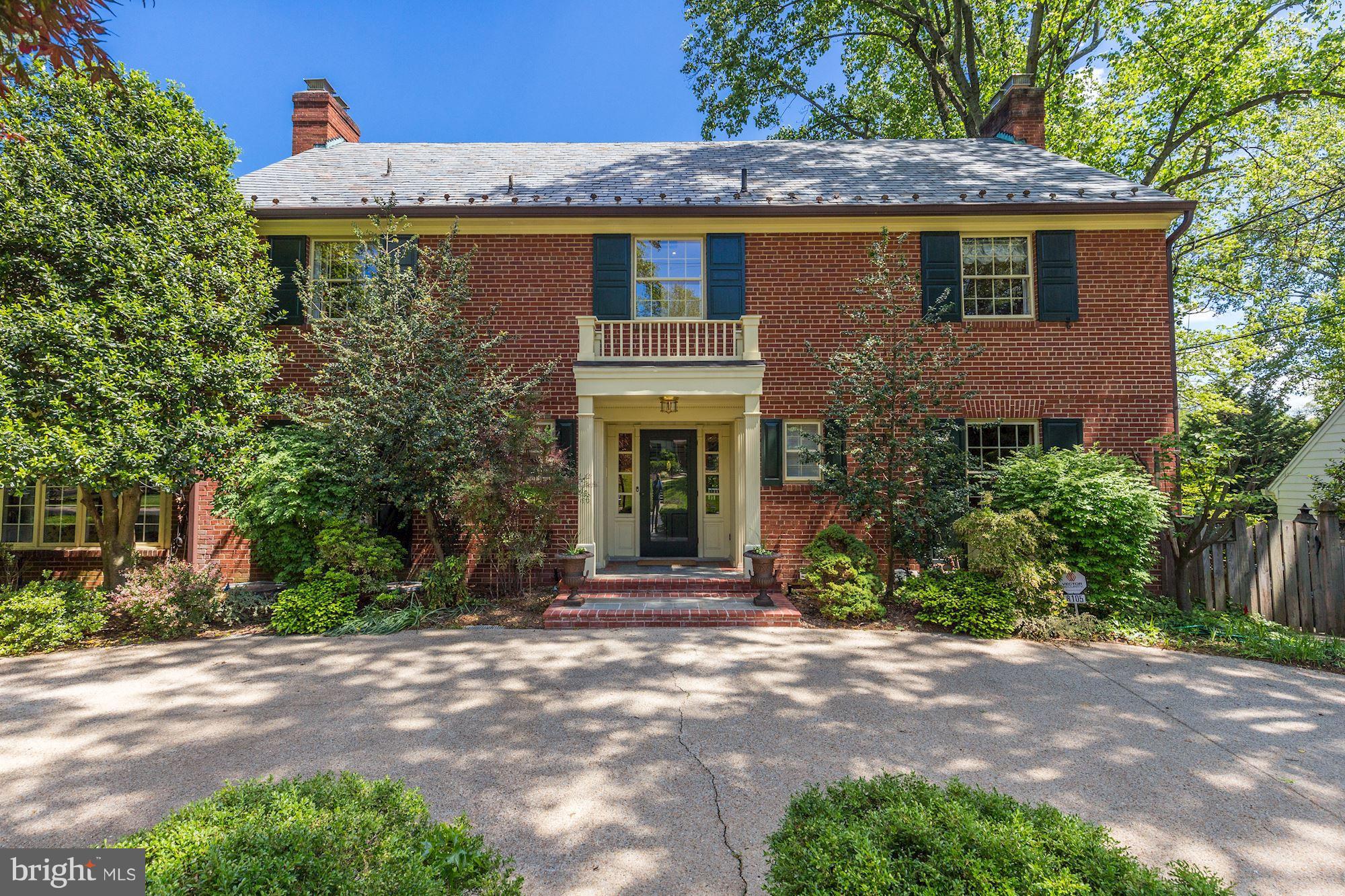 Grand Chevy Chase colonial featuring five bedrooms, three full and one half bath. Welcoming foyer with steps down to living room with built-ins. Wonderful kitchen with family space and built-in desk, large dining room with french doors to deck, den and bright sunroom. Five fireplaces. Three finished levels and walk-up third floor attic. Attached two car garage. Situated on a cul-de-sac.