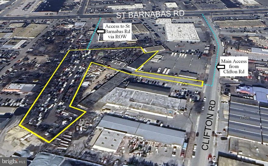 Here’s a Big Opportunity to buy paved Industrially zoned property Inside the Beltway.
2 Contiguous properties to be sold together= 4743 Clifton Rd & 4630 St Barnabas Rd, Temple Hills, MD 20748. Tax Account #s 0493734 & 0649590
The property totals 2.33 acres of IE ZONED land, off of MD Route 414 St Barnabas Rd., inside the Beltway.
There is a 6,720 SF Building on the Clifton Rd parcel, as well as a 1,074 SF auto workshop, and a 630 SF storage structure, totaling 8,424 SF. Both properties are currently being used to store cars. The Sellers will need some time to remove all vehicular inventory. Call us for details. This is a highly sought after zoning that permits MANY uses, which includes commercial vehicular sales, rentals, repairs and maintenance.
Brand new 5-Ton HVAC System installed in 2025.
**ADDITIONALLY** The adjacent property that shares the Clifton Rd driveway with this site is now available for sale at $2,000,000. It is 0.84 acres with a 2 story 13,000 SF building that has great potential for a personalized interior build-out. The total acreage of the 3 adjacent parcels is 3.17, with multiple buildings that add up to more than 21K SF— all IE (Industrial, Employment) zoned which is both rare and highly desired.