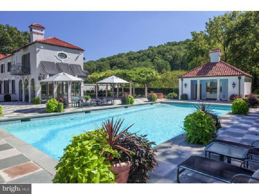 This magnificent 3-5 Bedrooms Estate originally designed by the world renowned Architect William Lawrence Bottomley, offers remarkable panoramic views of the Historic Delaware River.  Situated on over 7 manicured acres with fountains and Riparian rights.  Located only minutes from New Hope and Lambertville, this is truly a one-of-a-kind property that boasts exquisite architecture, superior attention to every detail and the finest quality materials and finishes throughout the home.  Enjoy a 900+ square foot multi-purpose room that can be used either as a media room or an office space with private entrance, the current owner also have drawings/plans for 2 additional bedroom suites.  Your guests will wander in awe through the luxurious pool area with a raised band area and complete pool house that boasts a huge grill, ice maker, shower and sauna accented with fountains, sculptures and multiple private stone terraces, all surrounded by lush landscaping.  This impressive European era style Villa rivals any 5 star resort.  Close to Manhattan and all major East Coast connections.