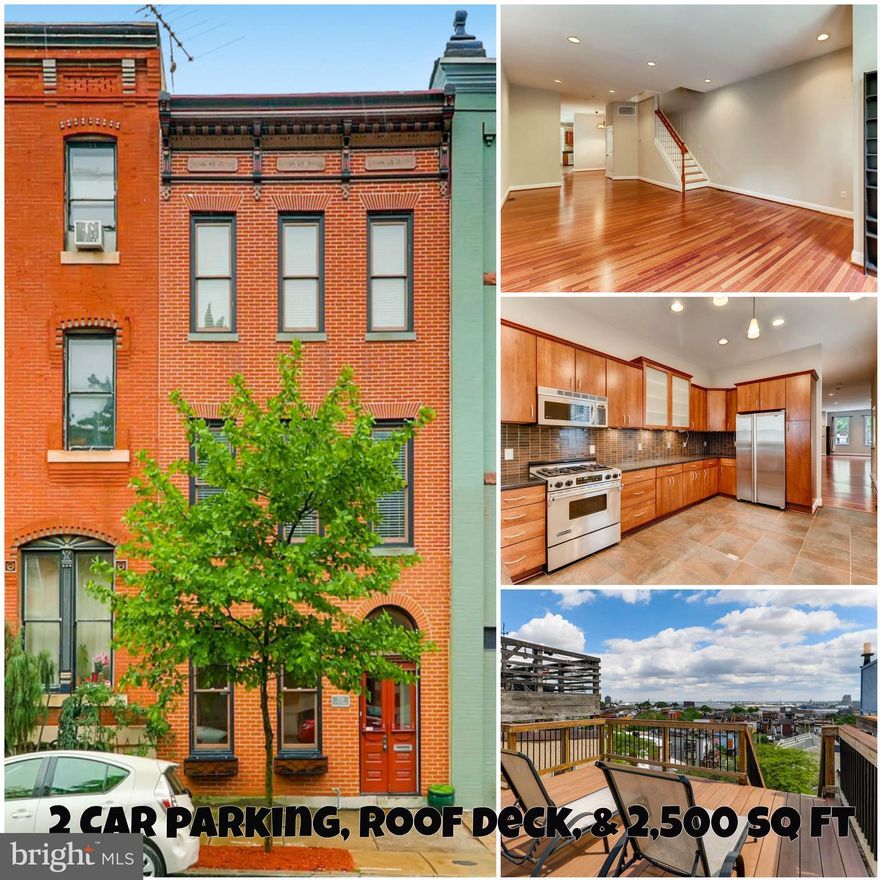 Ready for immediate move in: 2 car PARKING, roof top deck with both water & city views, 3 master bedrooms in this 17ft wide beauty just a block away from Patterson Park. Spacious living level w/ Brazilian cherry floors will accommodate any layout. The light filled kitchen is a chefs dream complete with Jenn Air SS appliances & heated tile floors. Each bedroom has an en-suite bathroom.