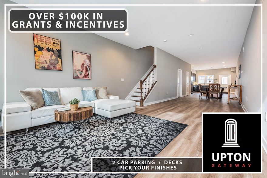 UPTON GATEWAY - MAKE HOME OWNERSHIP A REALITY! LUXURY RENOVATIONS WITH OVER 100K OF POSSIBLE BUYING INCENTIVES THAT MAKE OWNING A HOME MORE AFFORDABLE THAN RENTING! Standard features include 3 finished levels, wood floors throughout the main level and hallways, carpet in bedrooms, kitchens with 42" cabinets, Frigidaire ss appliance package, and granite counters. Main level with an open floor plan featuring a spacious living room, separate dining area, and kitchen, upper level Primary bedroom suite with full bath and walk-in closet and a 2nd bedroom with a hall bath and bedroom level laundry, 3rd level with 3rd bedroom and a family room, and 2 car off street parking! Tons of buying incentives including 60K Upton Grant, 10K Vacants to Values grant, 25K Live Near You Worship Grant, and a $2,500 lender credit when you use the preferred lender! Over $100K in incentives available.