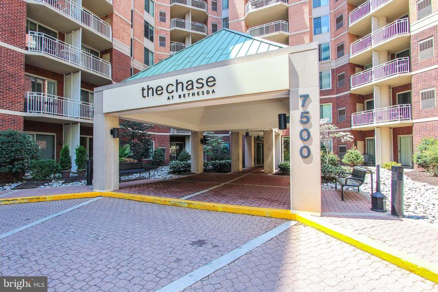 POOL FACING 2BR/2 BA in downtown Bethesda at the Chase.  This luxury condo features: kitchen with upgraded SS appliances, granite counters, hardwood floors, carpets, balcony, 2 storage lockers and garage parking.   Amenities: outdoor pool, 2 lit tennis courts, grilling area, business center, fitness center, concierge, security and pet friendly.  Located directly across from the BETHESDA METRO.