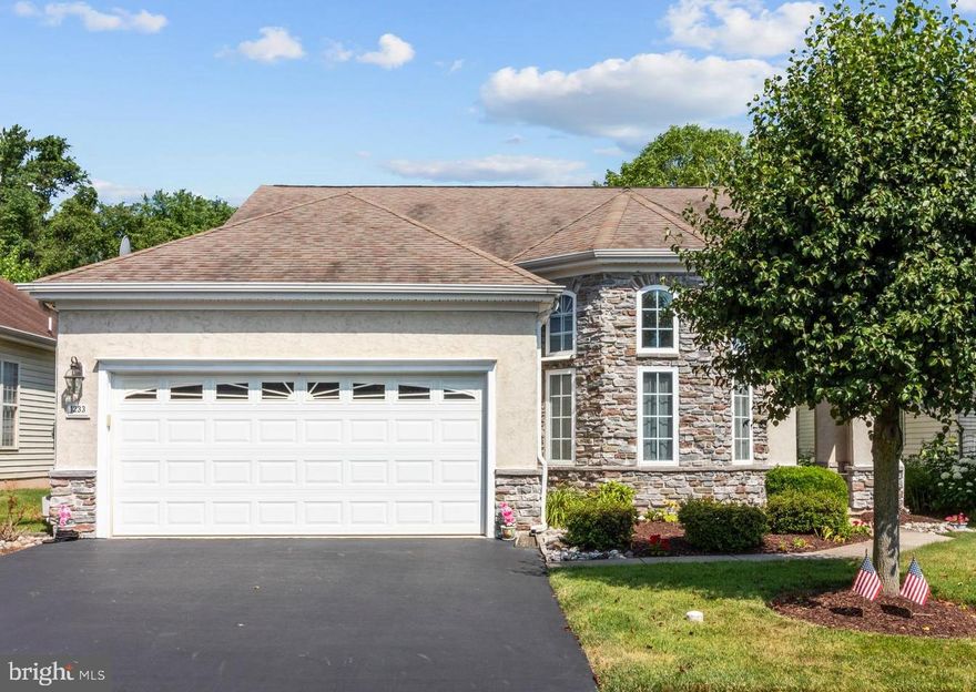 Enjoy Heritage Creek Estates, an ACTIVE Active Adult Community in the heart of Bucks County. One floor living in this Single-Family Ranch style home set on Premier lot.  Covered porch at front entrance with built-in bench.  Open and Spacious floor plan. Exterior front has decorative stone facade. Kitchen is well designed with large counter space and is open to dining area. Dining area with beautiful bay window is adjacent the comfortable family room with fireplace and natural gas insert.  Living room is positioned in the front with high ceilings and great windows.  Recessed lighting and ceiling fans throughout.  Sunroom is entered through French doors and Sunroom offers lots of windows and has access to the back-yard patio.  Exterior patio great for enjoying wildlife and entertaining.  Master bedroom with walk-in closet enjoys Master bathroom including double vanity, deep-soaking tub, walk-in shower, and linen closet. Second Bedroom with double closets. Full bathroom off second bedroom. Double French glass Doors lead to Den, Office or even 3rd bedroom.  Laundry room with wash-sink.  HVAC furnace & air conditioning is 9 Years with built-in ultraviolet light to effectively kill most germs.  Oversized Two-car garage with electric door opener and pull-down stairs to attic for additional storage.  Best of All -extremely close proximity to the area s best club house; enjoy indoor and outdoor swimming pools, tennis, shuffleboard, exercise equipment, and many, many activities.