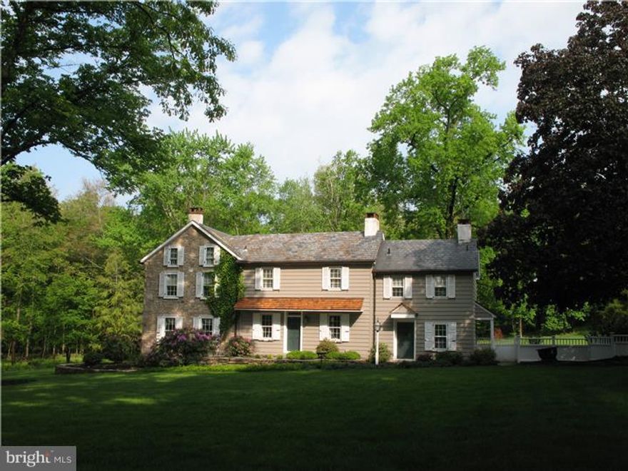 Beautiful Bucks County Country Retreat  or Lovely Solebury Township Primary Residence?  You Make The Call! Lush beautiful  grounds  and old world charm and character transformed from a bygone era. Sitting on on 3.86 acres nestled among nature, beauty, privacy, specimen plantings and  dramatic views, this circa 1850 stone farmhouse with  5 bedrooms, 4 fireplaces,  updated kitchen, pond with stream and built-in pool is surrounded by a little slice of heaven.  Panoramic views from the kitchen, sunroom and patio are simply breathtaking.  Built by craftsmen of past generations, see and admire the stonework and original woodwork that abounds throughout this property.  The beauty of this site is only enhanced by the stone and wood garage barn and bank barn, both of which have unlimited potential to be transformed into a lovely cottage guesthouse, an artist studio or whatever fulfills your dreams .  Come and explore this enchanting property and allow your vision to take hold. Only a short distance from New York or New Jersey and centrally located in the tri-state area. A separate 1.44 acre homesite parcel which adjoins the property is also available for purchase. See MLS# 6399921.