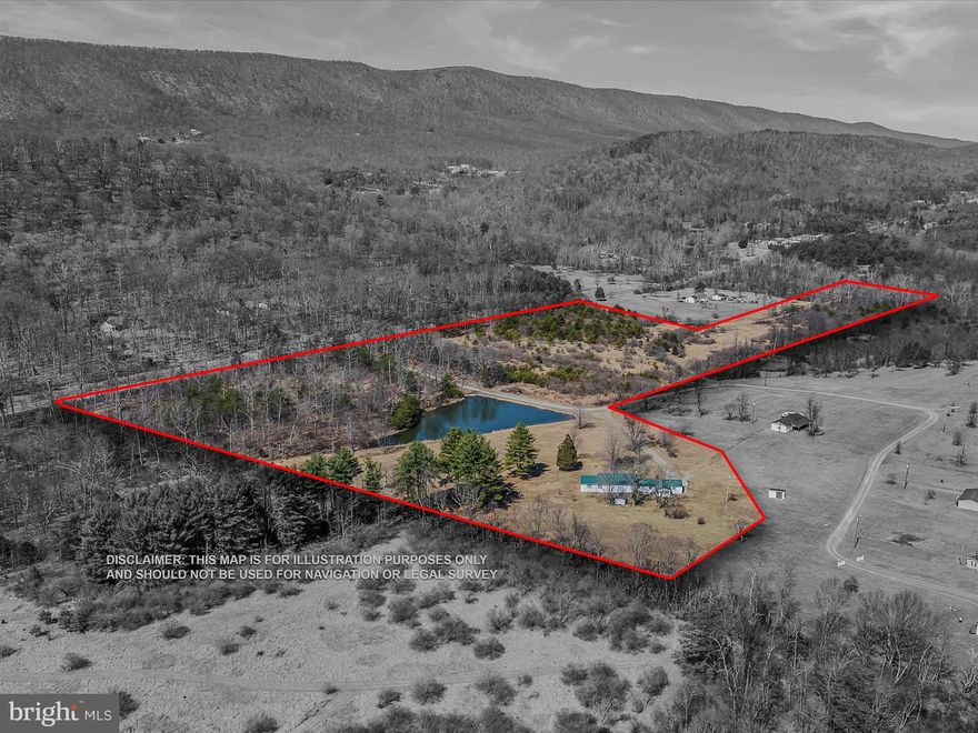 25 Unrestricted Acres situated along US Rt. 522 - This home offers a breathtaking view of a serene pond, the valley and the majestic mountains. This expansive home provides ample space for your loved ones and friends to create lifelong memories. Featuring beautiful hardwood floors and a cozy wood burning fireplace. Spacious open kitchen - dining room perfect for large gatherings. Large Living Room, 2 baths, 2 bedrooms, Sun room, bonus room/or 3rd Bedroom. Approximately 1000 feet of frontage along Rt 522. Explore the endless possibilities of subdividing or keep it all to yourself.