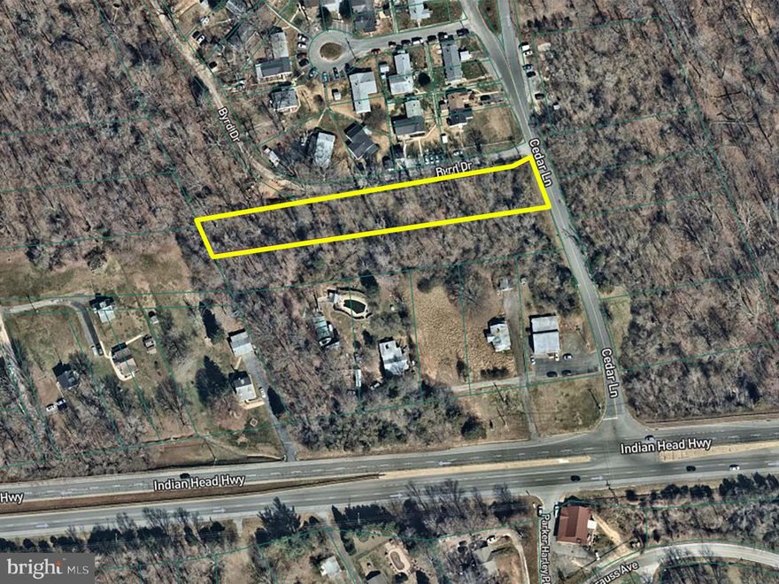 POST AUCTION: MAKE AN OFFER! Deposit: $5,000.

This vacant 1-acre lot at 301 Cedar Ln in Indian Head, Maryland, is located in Charles County. The property is adjacent to the Potomac Heights neighborhood and backs up to a common area. It offers easy access to Indian Head Highway (MD Route 210), providing connectivity to surrounding regions.  A sewage easement plat is included and will be available. The lot is zoned for community commercial use. Nearby attractions include the Potomac River and Chapman State Park. Also nearby is the Indian Head Rail Trail, a 13-mile paved trail suitable for biking and walking, and the Mattawoman Creek Art Center. The property is currently vacant.