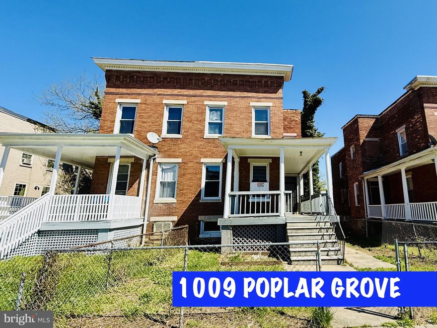 Turn-key opportunity in the heart of Baltimore! 1009 Poplar Grove offers the perfect blend of value, functionality, and upside potential—ideal for both investors and savvy homeowners. This solid brick rowhome features a classic layout with great natural light, spacious living areas, and a layout that maximizes every square foot. Recent improvements and clean presentation make this property move-in ready while still offering room to add your own finishing touches and build equity.

The home is situated on a well-positioned block with convenient access to major commuter routes, downtown Baltimore, and neighborhood amenities. Strong rental demand in the area makes this a compelling addition to any portfolio, while owner-occupants will appreciate the affordability compared to renting. Whether you're looking for a dependable income-producing asset or a place to call home, this property checks all the boxes.

Don’t miss your chance to secure a well-located Baltimore property with strong fundamentals and long-term potential—schedule your showing today! The property is sold “AS-IS, WHERE-IS”