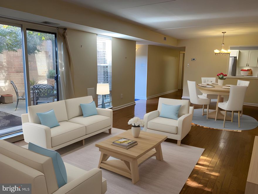 Welcome to Penn's Landing Square, a charming residential haven in Society Hill. This expansive 1,000 square foot offers 1 car garage parking and an open floor plan and hardwood floors, creating an inviting flow. The renovated kitchen features quartz countertops, a glass backsplash, and stainless steel appliances. The large private bedroom includes a walk-in closet and an expansive window overlooking the garden. Enjoy the marble bath and the convenience of an in-unit washer and dryer. Residents enjoy indoor parking, a pool, and a landscaped community. The owner covers all utilities except internet and cable. Experience the best of Society Hill living in this exceptional unit. Welcome home!