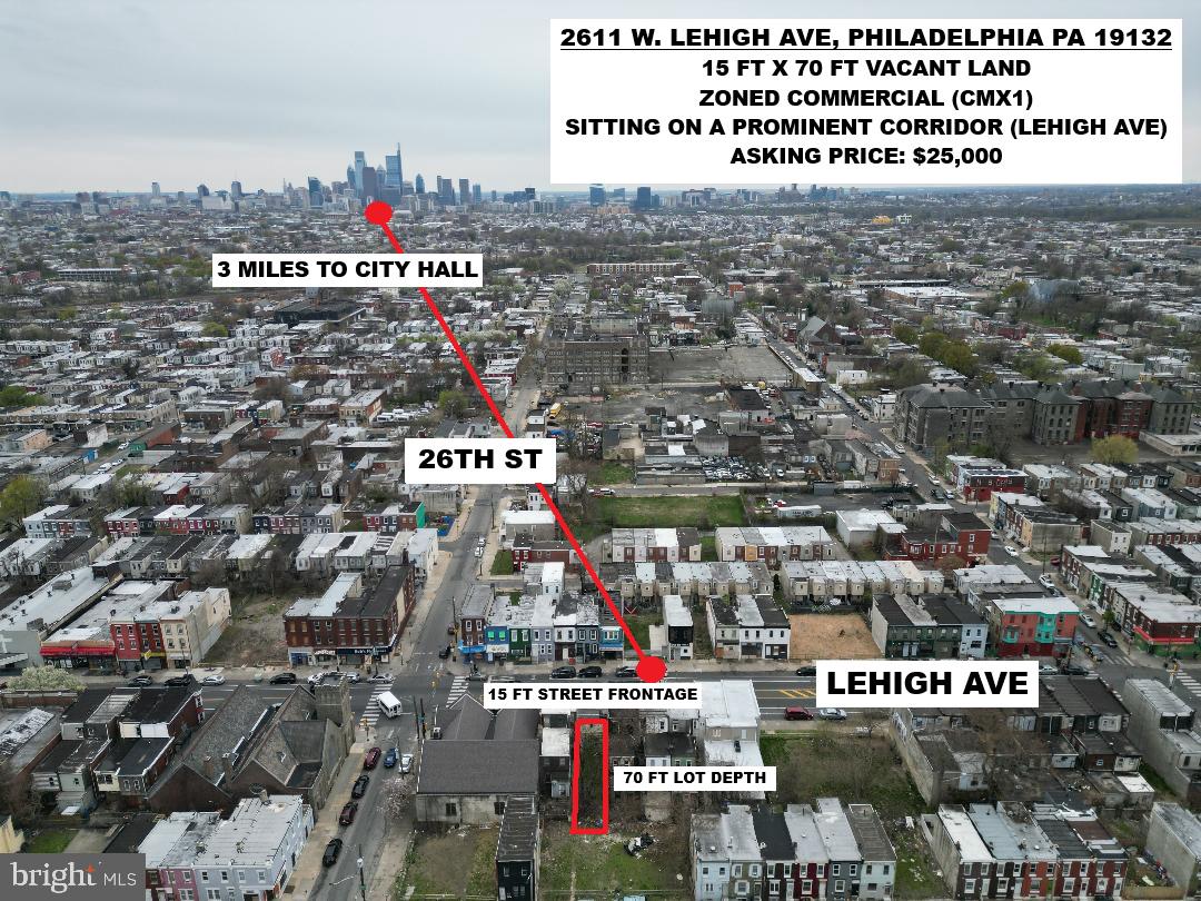 Commercial building lot in Strawberry mansion. Located on Lehigh avenue, around other established businesses. Lot zoned CMX-1 allowing for multi-family development as well as other types of commercial uses. Land Sold strictly AS-IS, buyer responsible for certs and U&O if desired. Listing agent has ownership interest in the property. Lot is approximately 15x70.