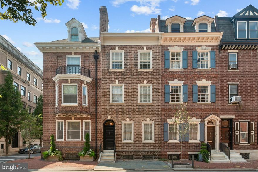 Marvelous, light-filled space with great scale and location! This elegant 5 bedroom, 4.5 bath home has hardwood floors, high ceilings, architectural details and a beautiful garden. The entry foyer with a fan light above the door leads to a magnificent living room with high ceilings, moldings, a marble fp, and large windows emitting wonderful natural light. Off the living room a hallway with a coat closet and a powder room  opens to a spacious eat-in kitchen and separate dining room with a window wall and french doors opening to the fabulous garden. The second floor has a very large bedroom with a fp , a sitting area with windows overlooking the garden and a full bath. The MBR suite has abundant closet  space, a bath with double sinks and a huge walk-in shower. On the 3rd fl are two additional bedrooms each with a full bath. One of the bedrooms is currently used as a family room. Also on this floor is an exercise room( could also be an office/den,or 5th bdrm,etc) with a gigantic closet. The basement is full, unfinished with tons of storage space.  A prime location in the prestigious Rittenhouse Square neighborhood, this  exquisite home is within easy access to the amenities of city living...cafes, fine dining, Rittenhouse Square Park, shopping, theatres. Walk Score 97, Bike Score 96, Transit Score 100. And for the summer heat there is 2 zoned air conditioning!