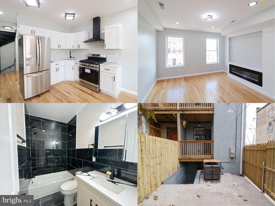 **Beautifully renovated 4-story end-unit Federal-style row home**

 featuring 3 bedrooms and 2 full  baths and one half bath. This home offers hardwood floors throughout, quartz countertops, soft-close cabinetry, recessed lighting, and electric fireplaces in both the living room and primary suite. The main level includes a half bath and access to a newly built balcony with privacy panels. The second-floor primary suite features an ensuite bath, walk-in closet with built-ins, and a private balcony. The third floor includes two additional bedrooms with wardrobes and a full bath with a silent exhaust fan. Enjoy a private fenced backyard and a separate exterior entrance to the basement. Home includes updated fixtures, an alarm system with a security door, and high-end finishes throughout. Sellers also own the adjoining property and will be fully renovating it as well, improving the entire streetscape. Move-in ready in a convenient Baltimore City location.
