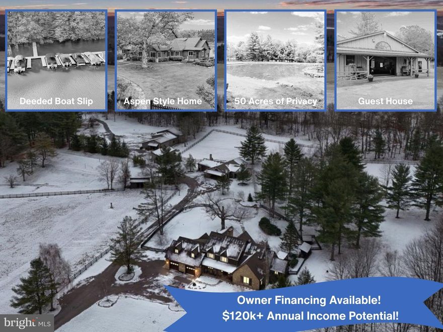 Welcome to Double Eagle Ranch — quite possibly the most beautiful property in Garrett County. This iconic 50-acre estate is set in the heart of Deep Creek Lake and includes its own deeded waterfront parcel with a brand-new dock, giving you private lake access just minutes from the property. Rarely does an offering combine such incredible privacy, natural beauty, and income-producing potential in one place.

The estate features two remarkable homes with a proven rental history generating over $120,000 annually in gross income. The main Aspen-style residence was thoughtfully crafted by the current owners with timeless details such as hand-scraped hardwood floors, plaster walls, three fireplaces, and expansive windows that frame breathtaking views. The home includes five bedrooms, multiple gathering spaces, a gourmet kitchen, a game room, and a spacious mudroom with a dog wash station — all designed for comfort and entertaining.

A second dwelling, known as The Bunkhouse, provides an additional income stream or the perfect setup for multi-generational living, guests, or retreats. Together, the two homes create a turn-key opportunity to generate income that can significantly offset ownership costs while still enjoying the privacy and beauty of this extraordinary estate.

The land itself is nothing short of spectacular. Rolling fields, wooded trails, and five stocked fishing ponds create a landscape that is both usable and serene. The property also includes multiple barns and outbuildings, RV hookups, and ample parking, making it ideal for hosting events, weddings, or retreats. For the visionary buyer, the investment potential extends even further: the property spans two parcels totaling nearly 50 acres, with the possibility to develop up to seven additional homes.

Double Eagle Ranch is more than a home — it’s an opportunity. Whether you envision it as a private retreat, a family compound, or an income-generating estate with multiple streams of revenue, this property offers the best of both worlds: acres of privacy and beauty, plus the financial upside of established rental history and future development potential. With unmatched natural beauty, prime lake access, and a proven income model, this is a once-in-a-lifetime chance to own one of Deep Creek Lake’s most iconic legacy properties.

50 Year Architectural Shingle Roof '21! Filtered and Oxidized Water! Instant Hot! 250+ Electric! The entire farm is wired for a generator! Septic Expanded and Updated in '22!