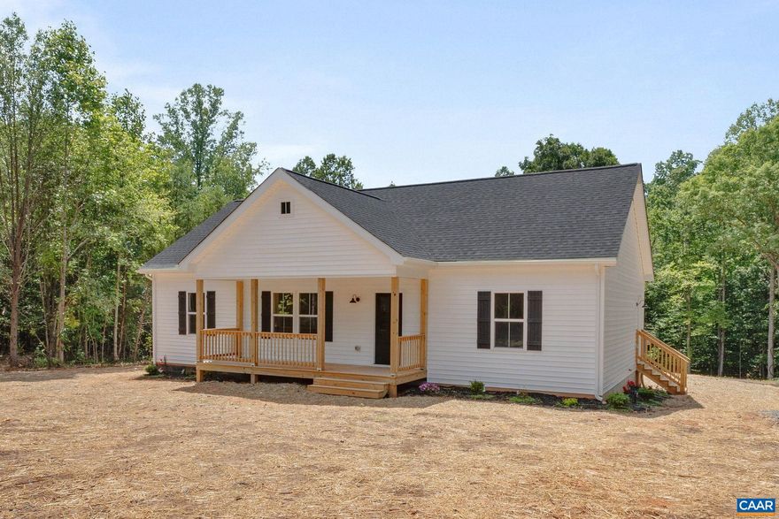 BRAND NEW ONE LEVEL HOME ON 6 ACRES WITH SPRING FED STREAM!  This is the one-level custom built home you have been waiting for!  Prime opportunity to own custom built one level home with high end finishes and acreage just minutes to NGIC, Hollymead Town Center and Charlottesville. This high quality new construction home built by local builder features a split bedroom design with beautiful hardwood floors throughout, spacious open floorplan, covered front porch and covered rear deck overlooking spacious private backyard. Gourmet island kitchen features granite countertops, custom white shaker soft close cabinets, stainless steel appliances and is open to large great room overlooking very private lot. Private owner?s suite with luxury ensuite bathroom, custom walk in tile shower & large walk-in closet, 2 additional generous bedrooms and full bath. Fiber optic internet through xfinity.  Enjoy your own privacy and nature just minutes from town.  Located in the highly desirable Gordon Barbour school district in Orange County. This lot is beautiful, private and in a peaceful wooded setting.  This home will not last long!,Granite Counter,White Cabinets