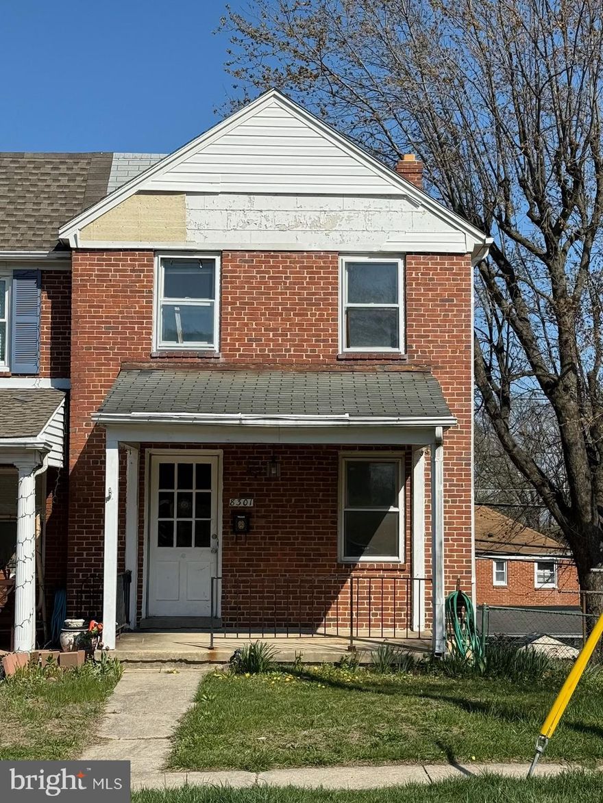 End of group townhouse in Loch Raven Heights. The property is cleaned out and ready for remodeling. The upstairs currently has two bedrooms; however, houses in the same subdivision with the same square footage have three. The property has a large, beautiful lot. Cash, Hard Money, or Rehab loan only. This property will not qualify for FHA or Conventional financing without repairs.