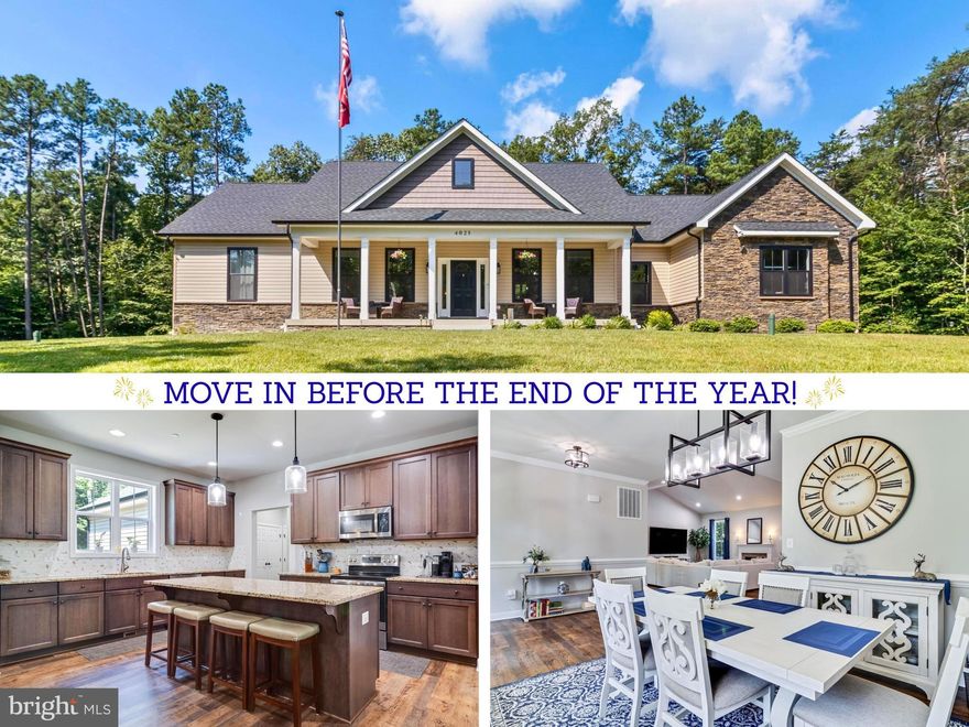 Move in before the end of the year! I have a lender that can close in as little as 2 weeks!! Price Improvement!  Zoned for Charles County Schools! Welcome to this custom built, 4,600 square feet (2,300 finished and 2,300 unfinished) custom rambler situated on 3 acres at the end of a cul-de-sac. Only 2 years young! Designed with an open floor plan, this home is a true entertainer’s dream. From the moment you arrive, the home makes a striking first impression with its stone façade, stately front porch, manicured landscaping and side-entry 3-car garage. The interior offers a seamless open-concept layout with vaulted ceilings, luxury vinyl plank flooring and a cozy fireplace anchoring the spacious great room. The gourmet kitchen is a chef’s dream, featuring stainless steel appliances, granite countertops, 42-inch cabinetry, a walk-in pantry, built-in microwave and an oversized island perfect with seating for entertaining. Step outside to your expansive composite deck, ideal for summer barbecues and quiet mornings with coffee. The large backyard is surrounded by mature trees, offering privacy and space to explore nature or relax, while the front, back and side yard sprinkler system keeps the lawn lush and green.  The primary suite is thoughtfully positioned in its own wing and boasts a spa-like ensuite with a custom oversized tiled shower, separate water closet, dual vanities and a massive walk-in closet. Two additional bedrooms are located on the opposite side of the home and share a full hallway bath with upscale finishes. A dedicated home office (or potential fourth bedroom) adds flexibility to the floorplan. Other highlights include a spacious laundry room with sink, a mudroom/drop zone off the garage entrance at the entrance of the 3 car garage. The home also comes with a brand new WiFi-enabled water softener for modern convenience. The full unfinished basement with high ceilings, full 3-piece bathroom rough-in, includes a walk-out exit and offers incredible potential for future expansion, whether you envision a home theater, gym or guest suite. Enjoy peace, privacy and the convenience of modern living, all just minutes from local amenities. Ideally situated near Costco, Target, Starbucks, National Harbor, MGM, Tanger Outlets, MedStar Hospital, and a wide variety of restaurants, parks, and trails, including Cosca Regional Park and the Southern Area Aquatics & Recreation Complex. Commuters will love the easy access to Joint Base Andrews, the Pentagon, Bolling, MD-5, I-495, Washington, DC, Virginia, and public transit. Enjoy the perfect blend of convenience and quiet estate living.
