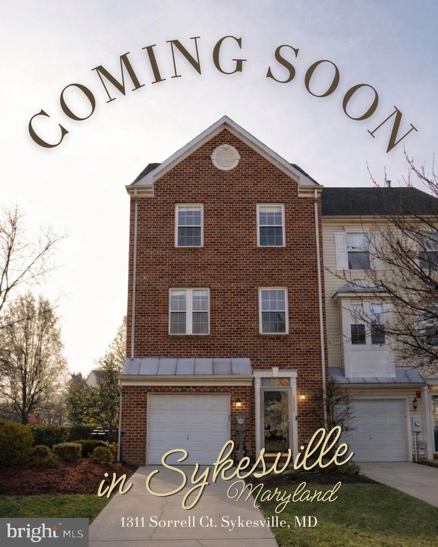 Welcome home to 1311 Sorrell Ct — a move-in ready end unit townhouse nestled in the sought-after Tydings Acres community of Sykesville! This spacious 3-bedroom, 2.5-bath home offers over 2,100 square feet of thoughtfully designed living space across three finished levels, giving you room to live, work, and entertain with ease. 

The entry-level garage provides convenient parking and storage, while the fully finished lower level is a true bonus — perfect for a home office, gym, playroom, or cozy family retreat, with direct access to your private backyard oasis. Step outside to enjoy the outdoor space, ideal for summer gatherings, gardening, or simply unwinding after a long day.

The main living level flows seamlessly from a bright and welcoming living area into the dining space and kitchen, creating the perfect layout for everyday living and entertaining. Upstairs, the generous primary suite offers a peaceful escape, complemented by two additional bedrooms and well-appointed baths.

All of this in a prime Carroll County location — just minutes from charming downtown Sykesville, Piney Run Lake, local shops and dining, and with easy access to Routes 32, 26, and 70. Top-rated Carroll County schools round out this exceptional offering.
Don't miss your chance to call this one home — schedule your showing today!