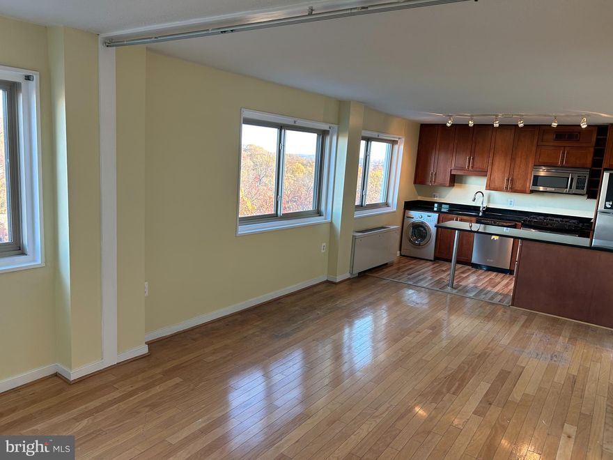 Beautiful views from 11th floor. Furnished & Freshly painted all over and updated flooring. Assigned parking spot included. Looks new.  One year American Home Shield insurance to qualified buyers. Common laundry rooms with commercial machines 11th floor. HOA includes all utilities minus cable. Building management, pool, garden, tennis, fenced-in dog park, BBQ area. Near public transportation, shopping and restaurants. Ideal location. Only 2.5 miles to University of Maryland and to investor dream of walk to DC purple line once operational.  Also available for rent or rent-2-own see MLSMDMC2175032