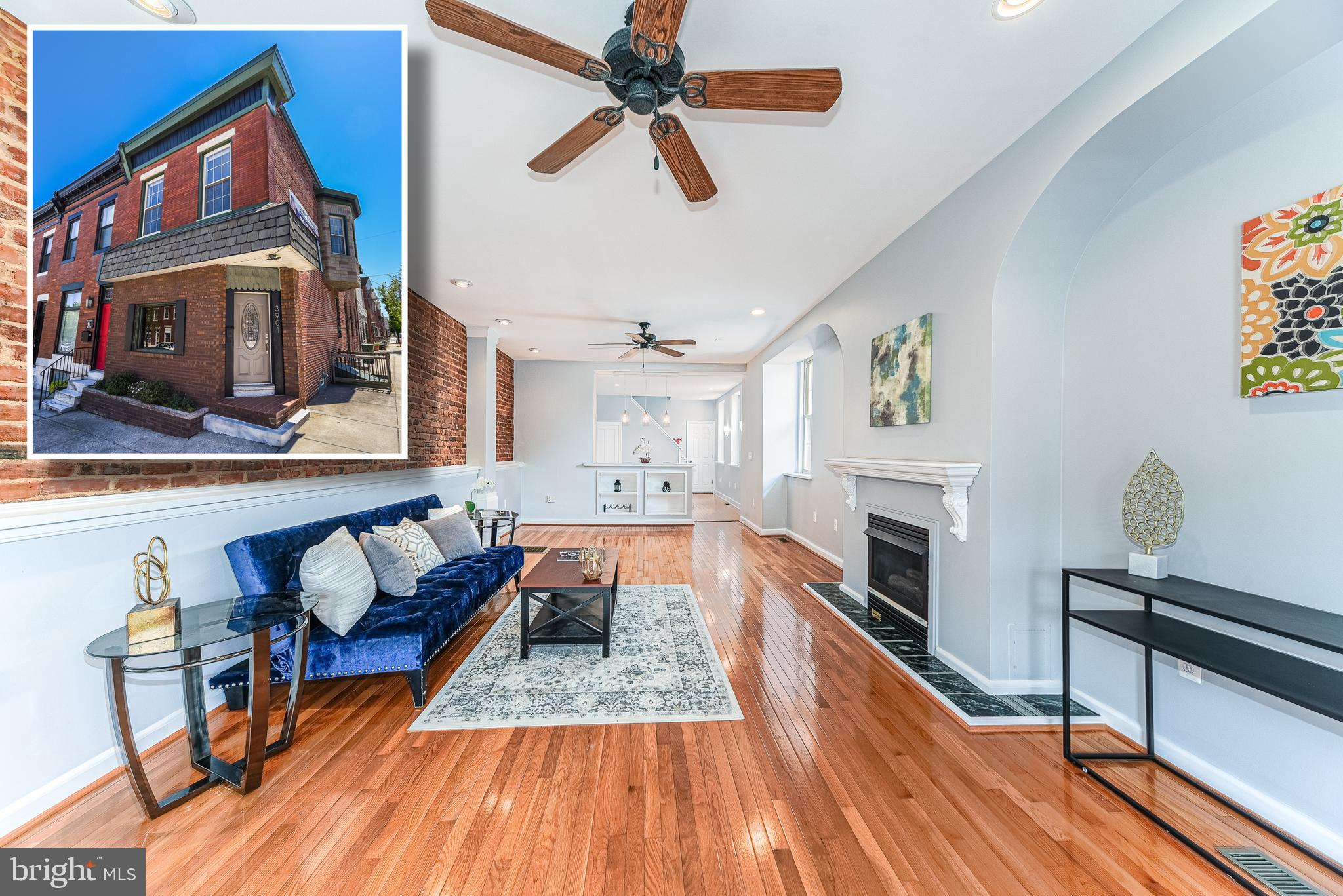 CREATIVELY DESIGNED 16FT. WIDE END OF GROUP ROWHOME WITH 3 FINISHED LEVELS AND ATTACHED GARAGE! Over 2,800 sq. ft. of living space featuring gleaming hardwood floors and exposed brick throughout the main level, tons of natural light, expansive living room with a fireplace, separate dining room with a wet bar, updated kitchen with granite counters & ss appliances, main level full bath, upper level with 3 generously sized bedrooms and 1 full bath with a whirlpool tub, fully finished basement with a family room, 4th bedroom, and 3rd full bath, 2nd level rear deck, and large attached garage for parking or storage! This one has it all!