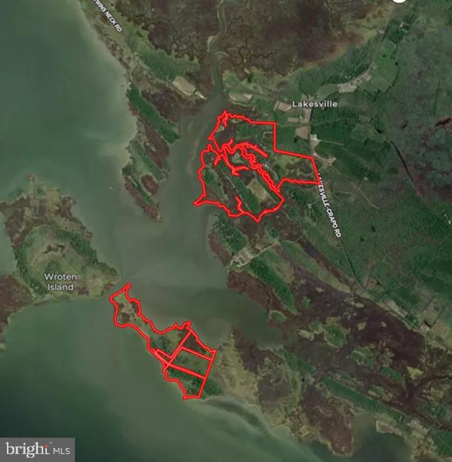 310+/- acres of estuarine salt marsh with upland pine hummocks throughout.  The land tracts are oriented along Worlds End Creek and the Honga River in Crapo, MD.The ownership consists of 190.22+/- acres of uplands and marshland with private access into the property from Lakesville-Crapo Road.  The main property is improved by a remote cabin on Worlds End Creek.  The cabin has solar panels to provide electricity to the building.  An additional 2 buildings provide storage for boats and equipment. A 2.5+/- acre impoundment improves the property on the north side of the tract.  For property management, the impoundment water control structure requires repair.

The offering also includes 3 parcels on Parks Neck, accessible by boat only from the 190+/- acre parcel. A cabin improves the Parks Neck tract. It was recently updated with timbers cut on the property.  The cabin has not yet been inspected.  It is charaterized by the owner as "rustic". 

The 310 acres provides an opportunity to manage for both wetland and upland dependent wildlife in a largely untouched setting.  The remote nature of the property and distance from disturbance is to great advantage in maintaining this wildlife property.  Boundaries are not warranted, current drawings of boundaries provided in the listing may not accurately depict the exact boundaries of the property.  Current map drawn in the listing is based on the deed as well as adjacent description and not a survey.

Buyer's responsibility to perform due diligence regarding property use and county taxes.