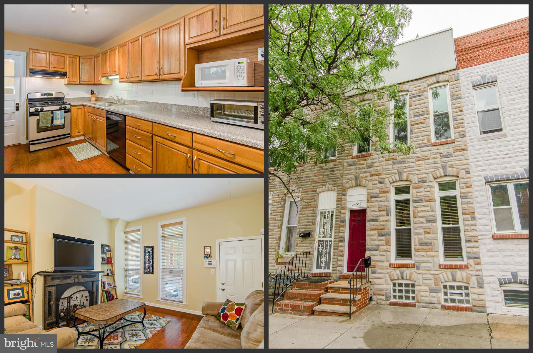 WIDE CANTON ROWHOME FULL OF CHARACTER AND CHARM! Hardwood floors throughout main level, inviting living room w/ decorative fireplace, large separate dining room, updated kitchen w/ tile backsplash & tons of cabinet space, main level half bath and laundry room, upper level w/ 3 large bedrooms (1 is a walk-thru), and 1 full bath, and rear parking pad. Steps from Canton Square!