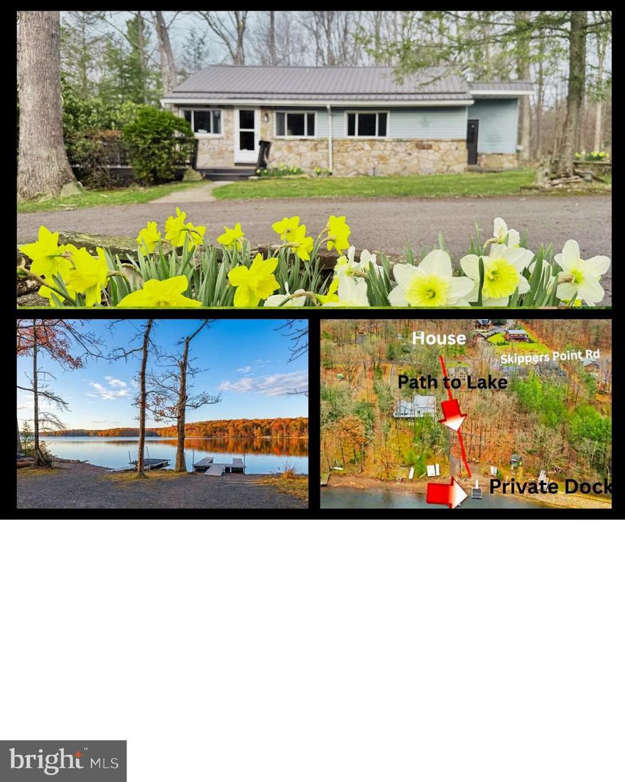 Lake cottage on large level lot with path to your own private class A dock & 25' of Lakefront, directly across the street.  This comfy (one level living) cottage sits on 1.8 level acres with 2 storage garages and mature landscaping. 5BRs, open living, dinning & kitchen area, with lots of sunlight.  1 full & 1-1/2 bath, with 5 Bedrooms! Laundry room located off back of the home. Cute and cozy, well maintained and move in ready, with sleeping for 12 heads on beds (several bunks)!  2 garages with plenty of storge for your lake & yard toys.  The lot has mature landscaping & circular paved driveway, for easy in and out during all seasons.  Private path to your lakefront dock is an easy walk across the street.  Nice level lake front, no steps to go onto your dock! Buydown Included on Lakefront.  Great opportunity to get onto the lake at an affordable price, call agent to set up an appointment or with any questions.