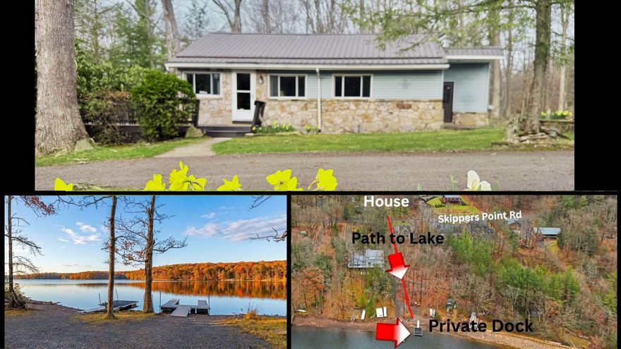 Lake cottage on large level lot with path to your own private class A dock & 25' of Lakefront, directly across the street.  This comfy (one level living) cottage sits on 1.8 level acres with 2 storage garages and mature landscaping. 5BRs, open living, dinning & kitchen area, with lots of sunlight.  1 full & 1-1/2 bath, with 5 Bedrooms! Laundry room located off back of the home. Cute and cozy, well maintained and move in ready, with sleeping for 12 heads on beds (several bunks)!  2 garages with plenty of storge for your lake & yard toys.  The lot has mature landscaping & circular paved driveway, for easy in and out during all seasons.  Private path to your lakefront dock is an easy walk across the street.  Nice level lake front, no steps to go onto your dock! Buydown Included on Lakefront.  Great opportunity to get onto the lake at an affordable price, call agent to set up an appointment or with any questions.