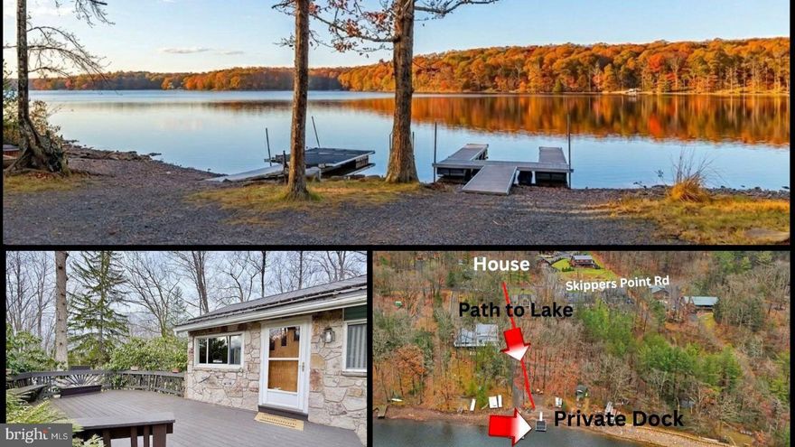 Lake cottage on large level lot with path to your own private class A dock & 25' of Lakefront, directly across the street.  This comfy (one level living) cottage sits on 1.8 level acres with 2 storage garages and mature landscaping. 5BRs, open living, dinning & kitchen area, with lots of sunlight.  1 full & 1-1/2 bath, with 5 Bedrooms! Laundry room located off back of the home. Cute and cozy, well maintained and move in ready, with sleeping for 12 heads on beds (several bunks)!  2 garages with plenty of storge for your lake & yard toys.  The lot has mature landscaping & circular paved driveway, for easy in and out during all seasons.  Private path to your lakefront dock is an easy walk across the street.  Nice level lake front, no steps to go onto your dock! Buydown Included on Lakefront.  Great opportunity to get onto the lake at an affordable price, call agent to set up an appointment or with any questions.