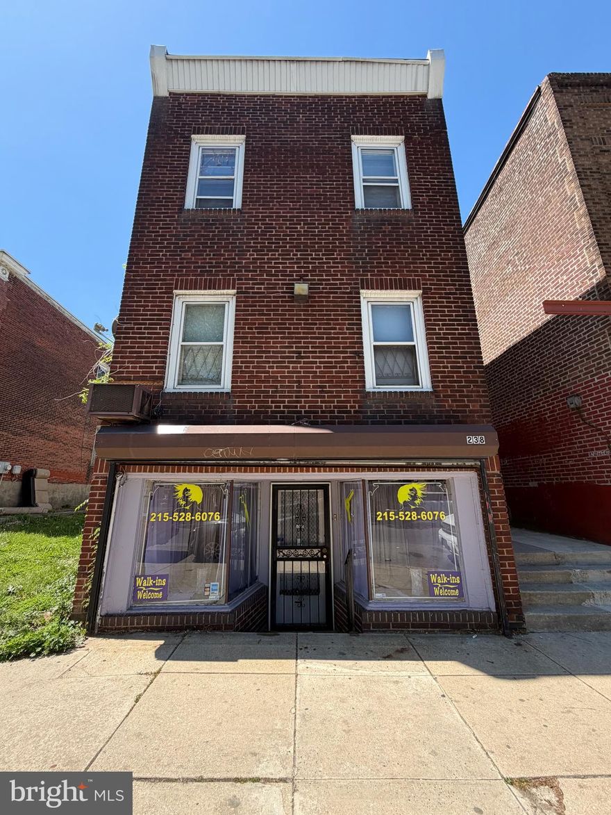 Welcome to 238 N 52nd St, a well-maintained mixed-use investment property in West Philadelphia featuring 7 total units 6 residential studio apartments and 1 commercial salon space. Street-level salon is currently rented for $900/month and includes the main salon area, private storage room, and bathroom. The six residential studio units are each rented for $775/month, creating strong income potential for investors.

The property features separate electric and gas meters for all 7 units. Heating is provided by a radiator system with a central thermostat controlled by the lower level, and the main boiler was replaced in 2022. The salon also includes 2 mini-split systems for additional comfort. There is 1 hot water heater servicing the residential units and a separate hot water heater for the commercial space. Additional updates include a roof approximately 4 years old.

Conveniently located near public transportation, shopping, and major roadways, this fully occupied mixed-use property is a great addition to any investment portfolio.