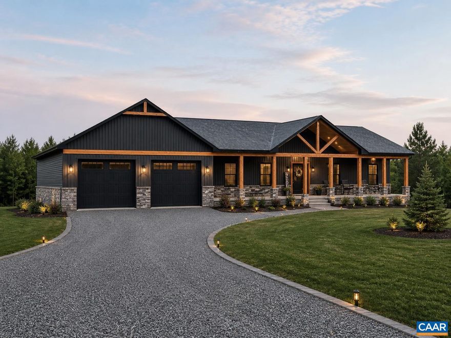Nestled on a stunning private setting in the heart of Central Virginia, this custom-built modern farmhouse is where luxury craftsmanship meets peaceful country living. Currently under construction, this thoughtfully designed home offers striking curb appeal with bold dark siding, warm natural wood accents, expansive covered porches, and a welcoming open-concept layout designed for both everyday living and entertaining.  Inside, buyers can expect quality finishes, spacious living areas, oversized windows bringing in natural light, and a seamless blend of modern comfort and rustic elegance. The attached garage, impressive front elevation, and scenic surroundings create the perfect balance of functionality and style.  Situated just outside of Scottsville with convenient access to Charlottesville, this property offers the privacy and serenity of rural living while still being within an easy drive to shopping, dining, wineries, and UVA.  Now is the perfect opportunity to secure a brand-new home before completion and potentially have input on select finishes and final touches. Construction is ongoing, and features/design selections may be subject to change as the home progresses toward completion.