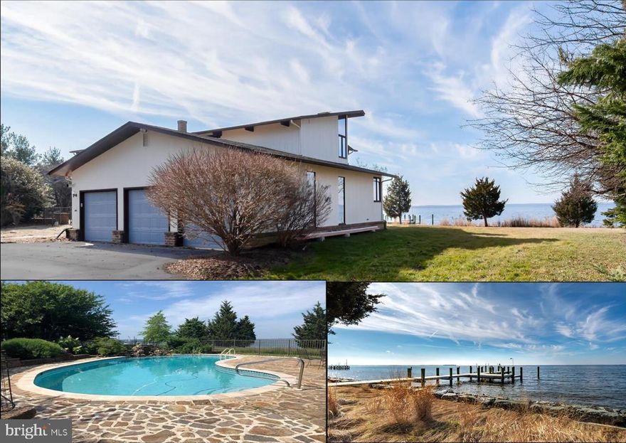 Prospect Bay Waterfront* Broad Water Views with Amazing Sunsets* Contemporary  with Open Floor Plan* Great Room with walls of glass, floor to ceiling fireplace and vaulted ceilings* Main level Bedroom* Heated Salt Water Pool* Gorgeous Pier and RipRap*3 Car Garage