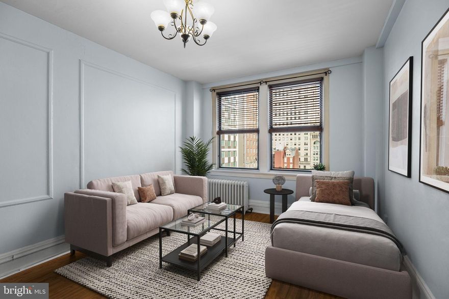 Welcome to Unit #807 at the Arts Condominium — a beautifully refreshed studio with modern comforts and classic charm. This north-facing studio offers soft, steady natural light (ideal for WFH, décor, and avoiding screen glare), along with a lovely view over Center City. There are hardwood floors, high ceilings, and a well-designed kitchen featuring efficient stainless-steel appliances and great storage. The bathroom showcases original Sylvania Hotel–era tile in remarkable condition, as well as original hardware, adding a unique historic touch rarely found today.
Residents enjoy secure entry with a 24/7 concierge, fitness center, business lounge, laundry with newer machines, bike storage, and the elegant on-site 1920s Arts Ballroom. Utilities plus Wi-Fi are included in the monthly fee, offering exceptional value and ease.
Situated in Washington Square West, you’re steps from Midtown Village dining, cafés, boutique shopping, theaters, parks, and convenient transit options including SEPTA and PATCO. 
Ideal as a first home, pied-à-terre, or investment property in one of Philadelphia’s most vibrant and walkable neighborhoods.