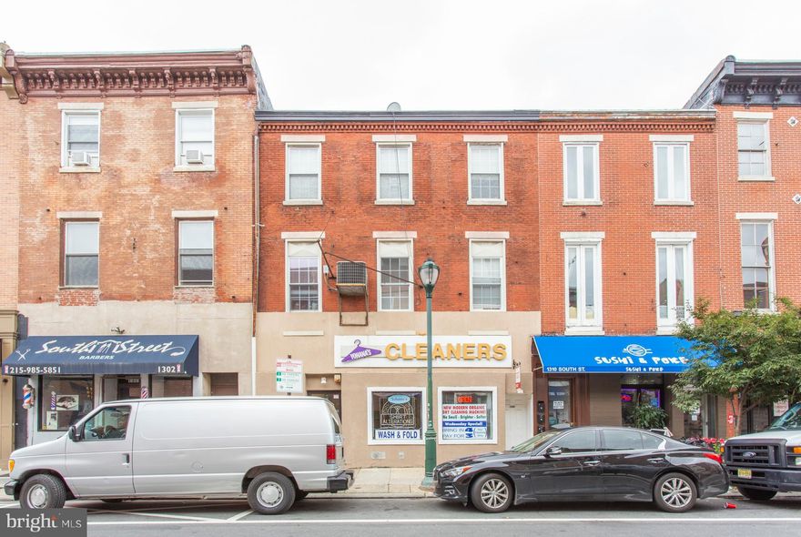 Double wide mixed-used building on prime South Street block. High foot traffic location. Units 1 and 2 both feature two bedrooms and one bathroom. Unit 3 has one bedroom and one bathroom. Unit 4 is an empty shell ready to be transformed. The entire first floor is commercial space — currently being used as a dry cleaner. Over 5000 square feet of space total. All units separately metered. Commercial space leased at $1100 per month.