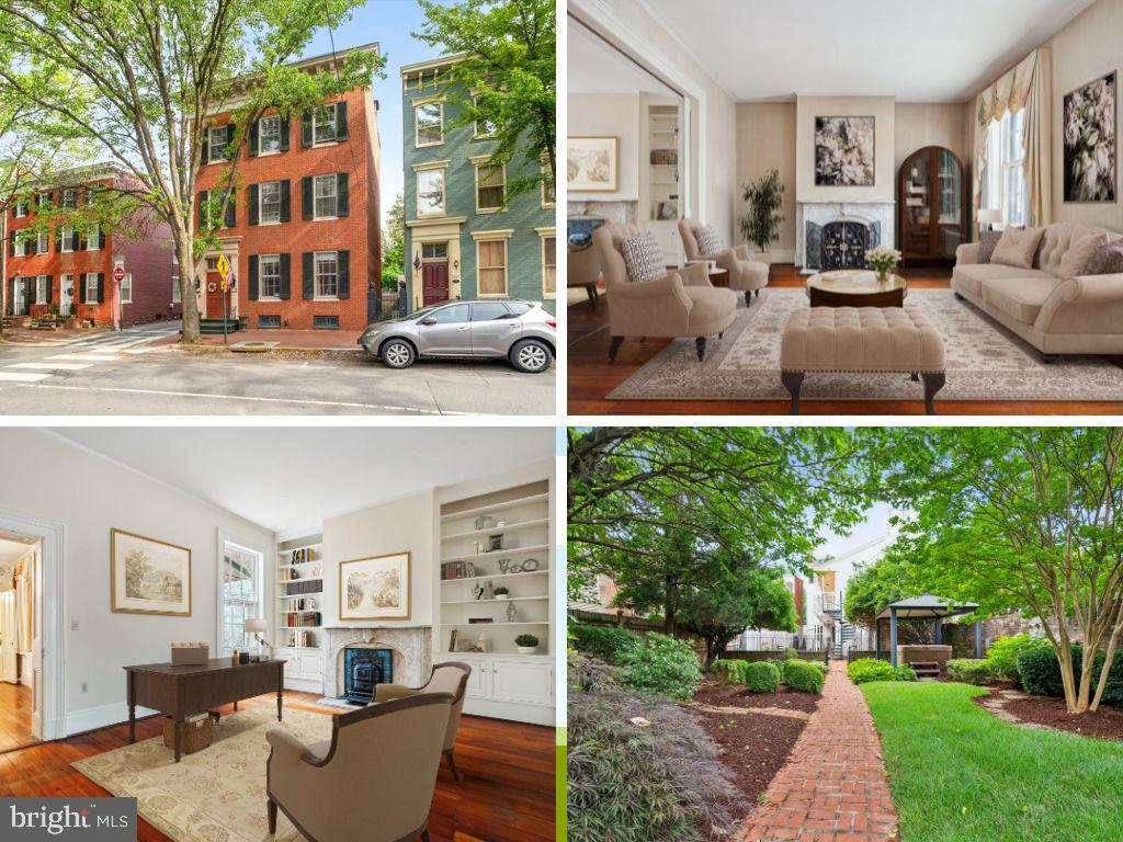 A rare opportunity is presented with this charming and exceptional property located in the heart of the award-winning historic city of Frederick, Maryland, one of Money Magazine’s “50 Best Places to Live in the US” in 2024 for its history, culture, enviable social and food scene, and flourishing economy. This luxurious property, known as The Jacob Brunner House, is on the Frederick County Registry of the National Historical Landmarks Foundation. Step inside to an era where comfort, attention to detail, and charm were the order of the day. The spacious entrance hall features a grand floating staircase and sweeping hand-carved mahogany baluster rising to the two floors above. On the main level enjoy the exceptionally high ceilings, pocket doors, and extraordinary details that include 3 fully-restored Italian marble fireplaces, built-in custom shelving in the Library, and fully-restored original wide plank flooring. A dining room and two luxurious parlors are located on this floor, as well as a full bath, and the spacious first floor kitchen, fully modernized, features the original ceiling-high cooking hearth. The grand staircase leads to a second floor that includes four spacious rooms, two fireplaces and two full baths, with many possibilities as to how you might use the spaces: bedroom, work from home, playroom, or private sitting rooms with views of stunning 2nd street. The second floor also boasts built-in finished cabinets, two laundry rooms, and a second stairway that leads to three bonus rooms with sweeping vistas of historic downtown. From the second floor you can step outside onto a beautifully-restored wrap-around covered porch, with easy access to the courtyard garden and 3-car garage below via a spiral staircase. The grand staircase opens on the third floor to a complete suite that includes a foyer/office, full kitchen, two great rooms, a full bath and ample custom built-in cabinetry and storage. The third floor also boasts an expansive view of historic Frederick, a fully-restored original fireplace, and the same high ceilings, custom woodwork and wide plank flooring that typify the entire manse. The third-floor also has independent access to the outside covered porch, spiral stair, garden and garage. Indeed, each level of the house has two points of access: the front door/grand stair and a rear door for access to the porch, gardens and garage. One of only a handful of properties with a three-car garage in historic Frederick, this home also boasts one of the largest walled gardens in the city. Step outside into the garden where peace and serenity prevail. The hard brick landscaping from the back door leads through the garden to the garage, passing by a raised deck where you can enjoy a sunbath, summer evenings with friends, or a quiet morning with your favorite cup of Joe. A brand-new jacuzzi under the garden pavilion will tempt you with every stroll through the manicured meditation garden. There is also a large potting shed with great storage, and a walkway that provides access through the garden wall directly to the street. Basement access is just outside the back door: to a very large, dry, well-maintained, well-lit basement that provides ample storage. The property is presently zoned for a single family home, for three apartments, or for a Bed and Breakfast, but like many nearby properties, it has a strong potential to be re-zoned to a multi-unit condominium investment property. It can therefore be a lovely home for a well-to-do family, a two- or three-apartment building, a high-end Airbnb investment, a traditional Bed and Breakfast, or it could be developed into a multi-condominium investment. Walk just minutes from this property to the canal with its beautiful summer lilies, patio dining and fountains, and live music, not to mention the micro-breweries, the vibrant art and theatre offerings and award-winning restaurants. If you have very high expectations, this property won't disappoint. Live your bliss